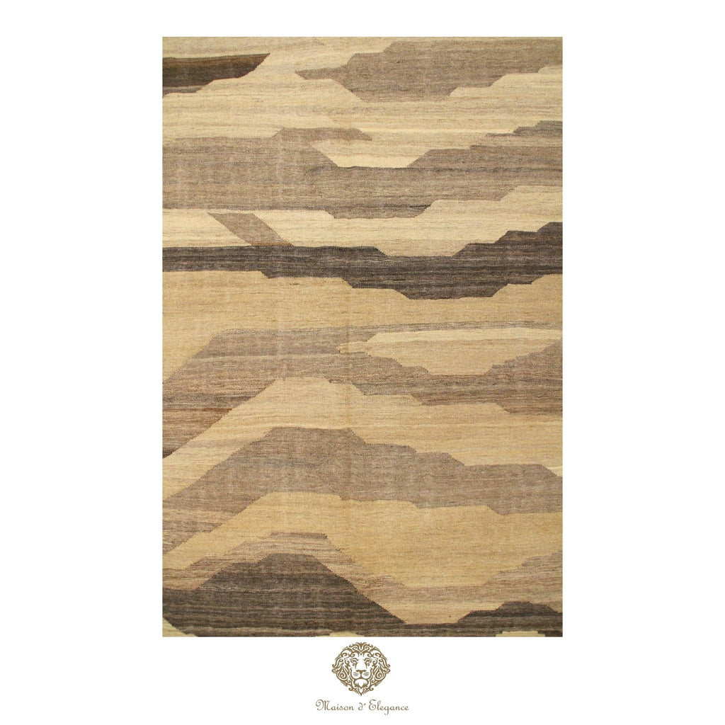 Camouflage-patterned rug with a brand logo at the bottom right corner on a Ivory background