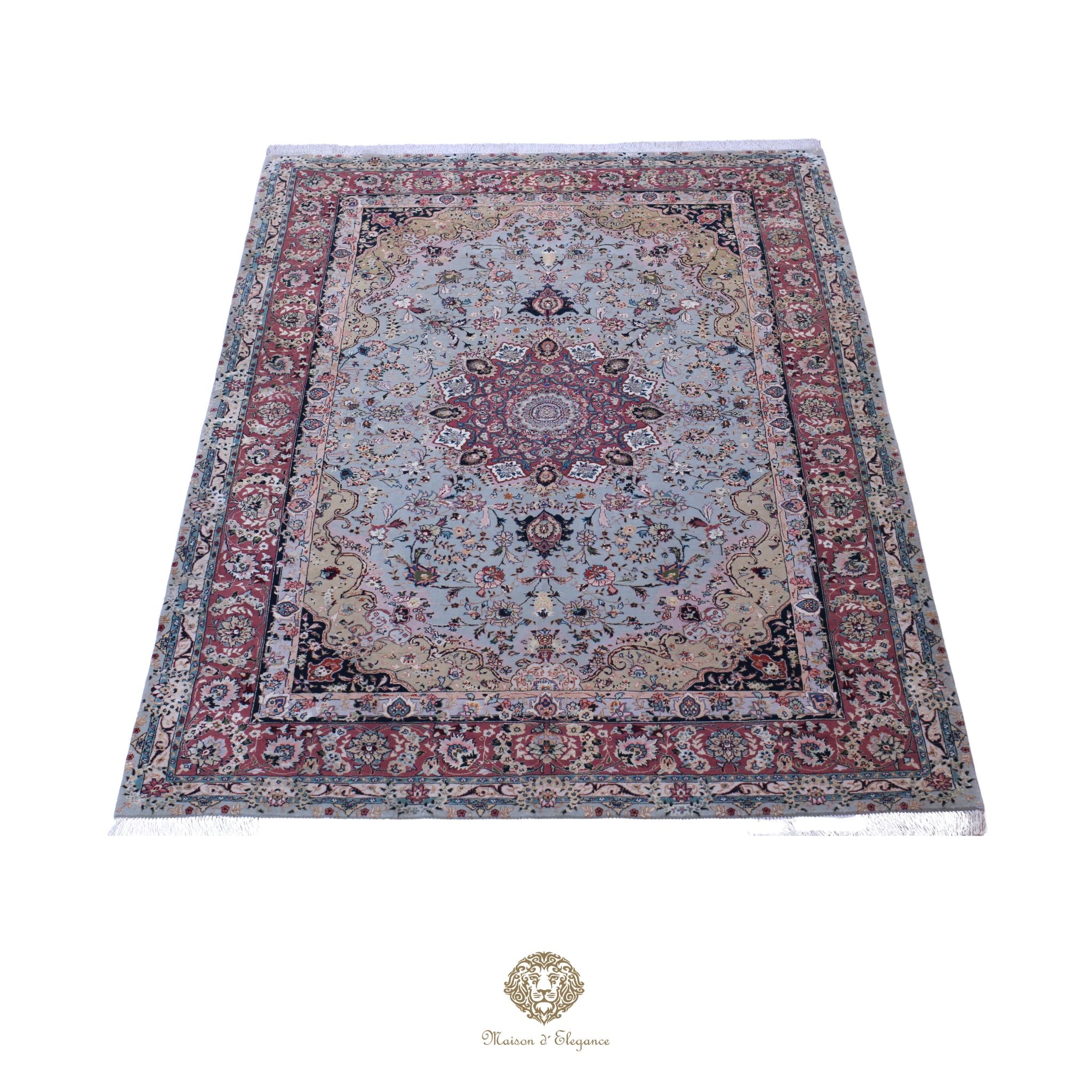 Alfombra persa Tabriz de lujo, lana y seda superfina | Diseño de medallón floral en azul claro, 147 x 215 cm