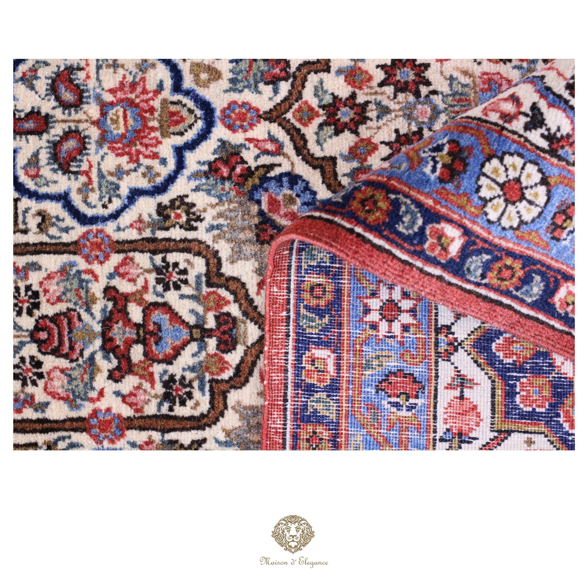 Alfombra persa antigua de lana Qum | Diseño floral integral 218 x 340 cm