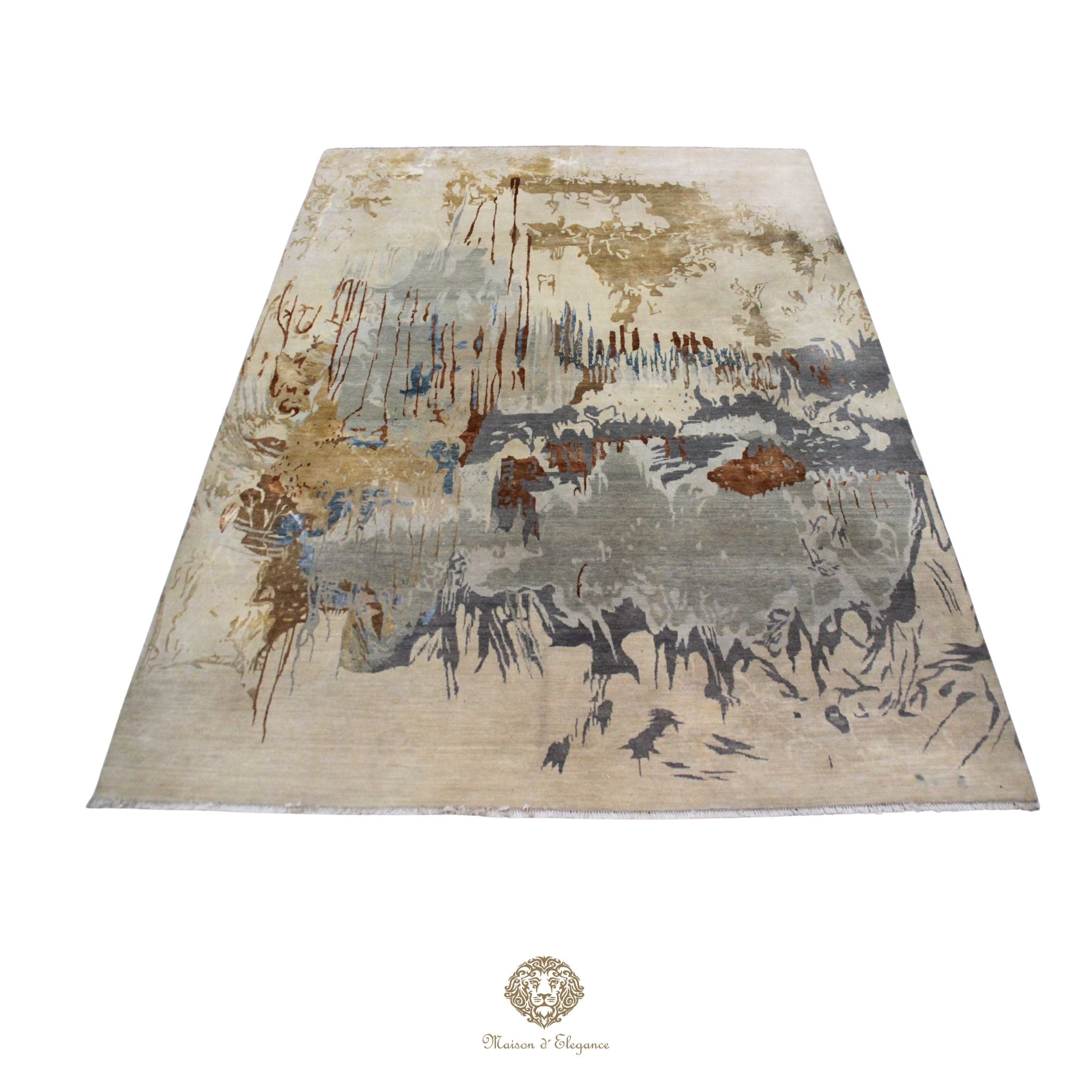 Alfombra moderna de lana exclusiva, hecha a mano, con patrón abstracto en fibras naturales.