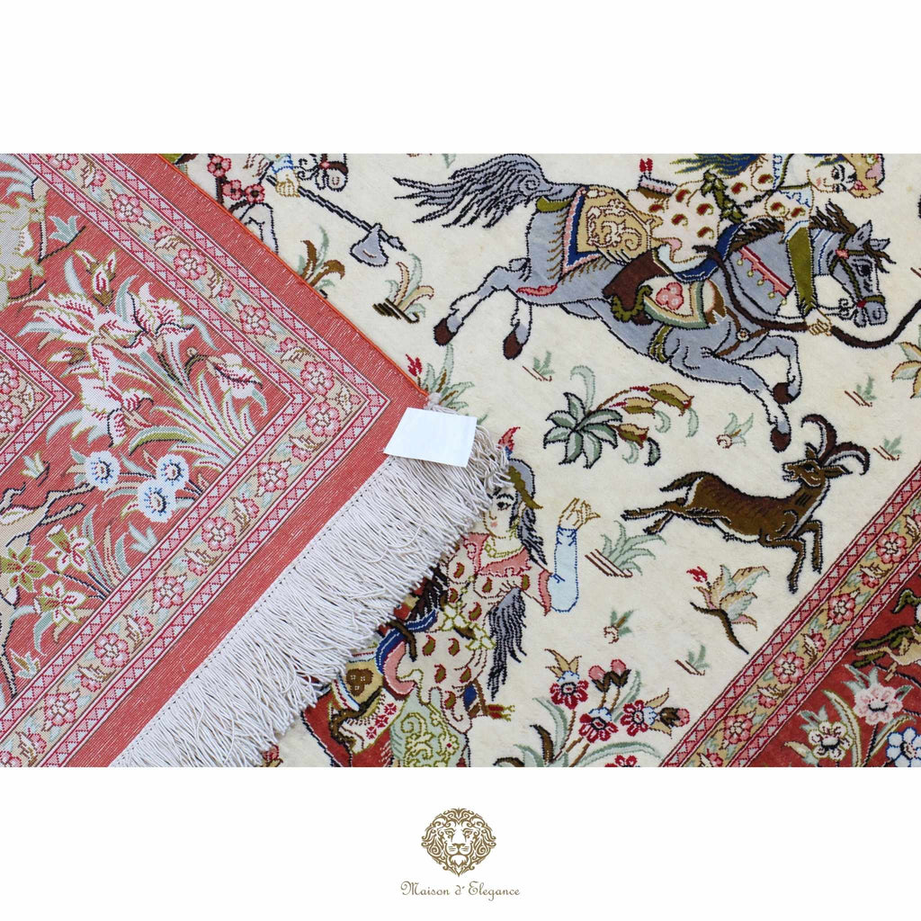 Alfombra persa exclusiva de seda pura - Obra maestra anudada a mano con tintes naturales, firmada, 98 x 156 cm, diseño de caza.