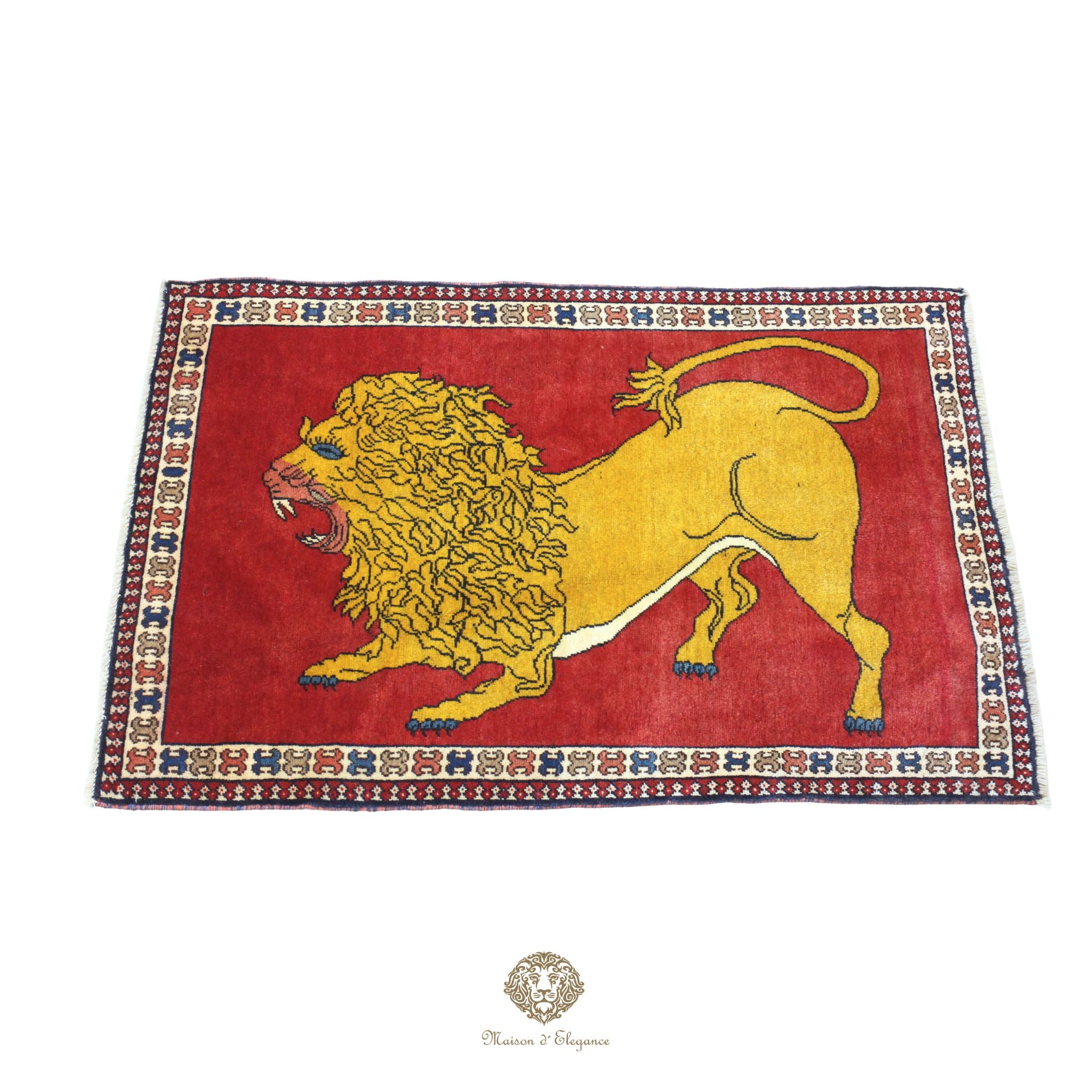 Alfombra persa Yalameh con diseño tribal de león, teñida con tintes naturales | Hecha a mano, 89 x 136 cm
