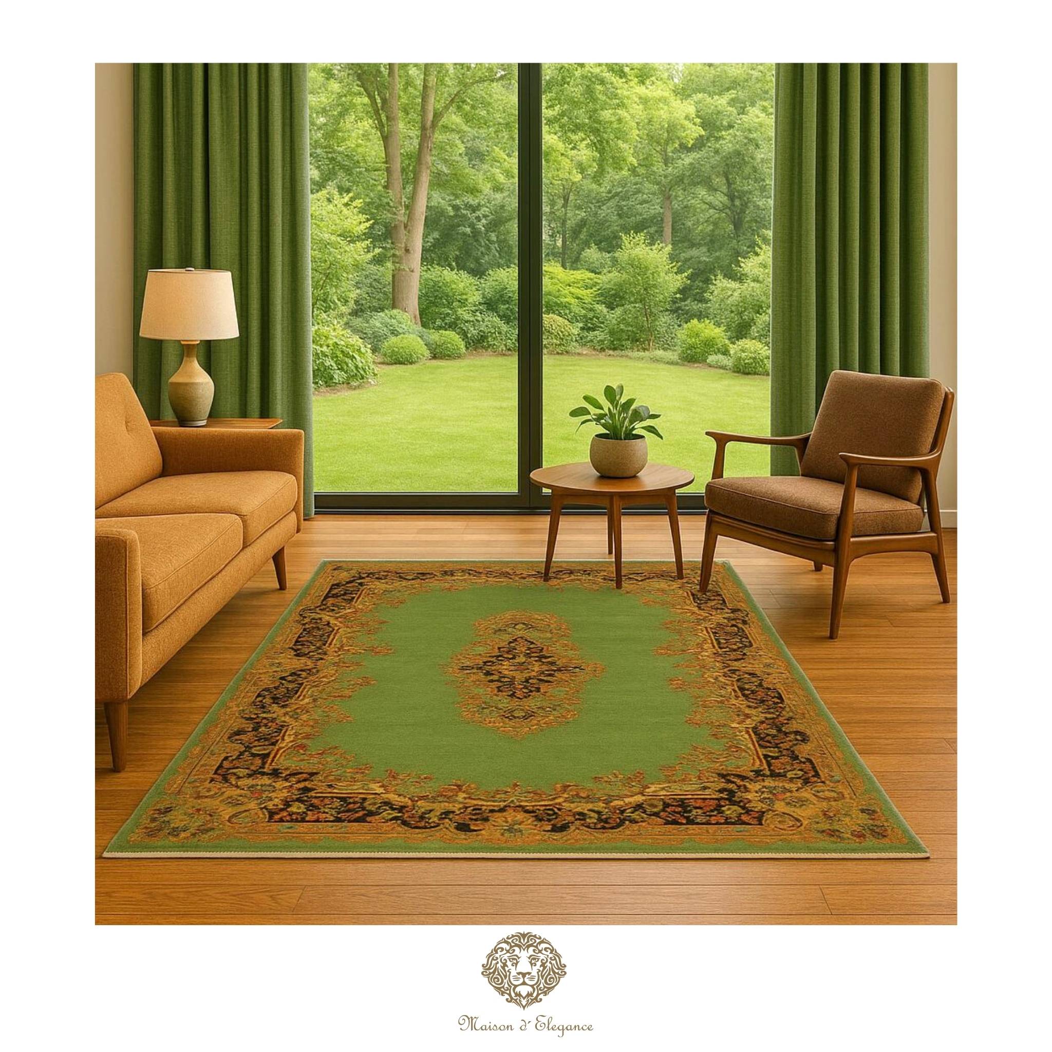 Luxury Handmade Persian Kerman Wool Rug – Green Floral Medallion Design