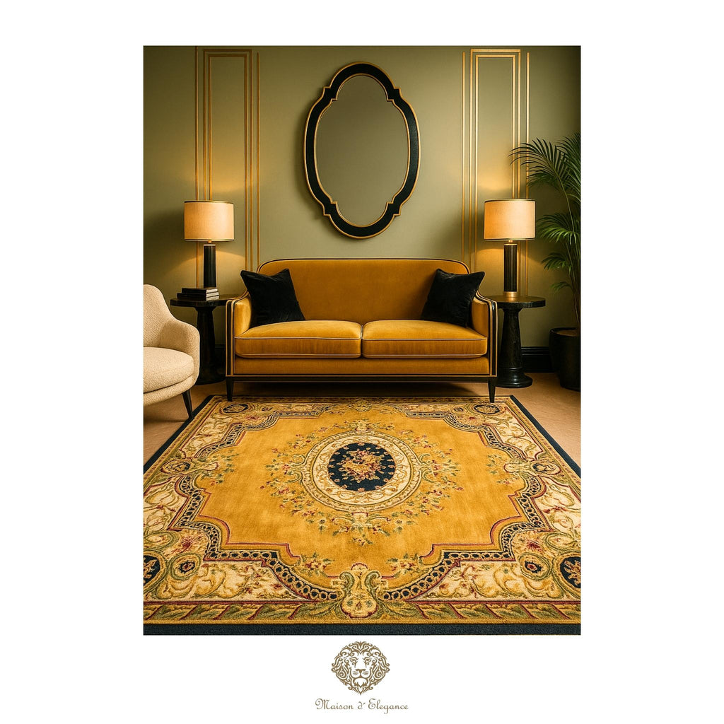 Luxurious living room with a yellow sofa and decorative rug.