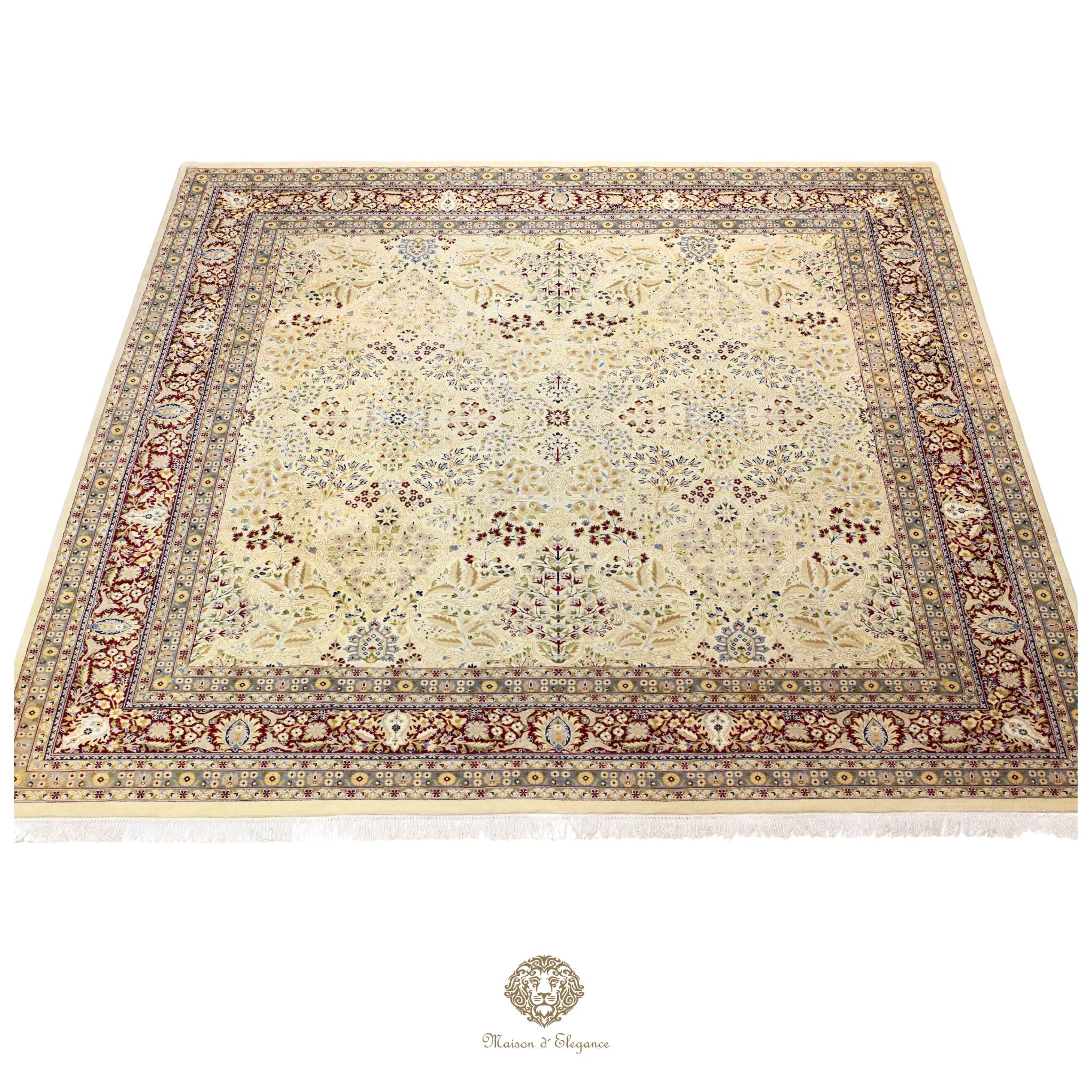 Alfombra de lana estilo Tabriz, superfina color verde marfil con diseño floral | Elegancia 278 x 304 cm