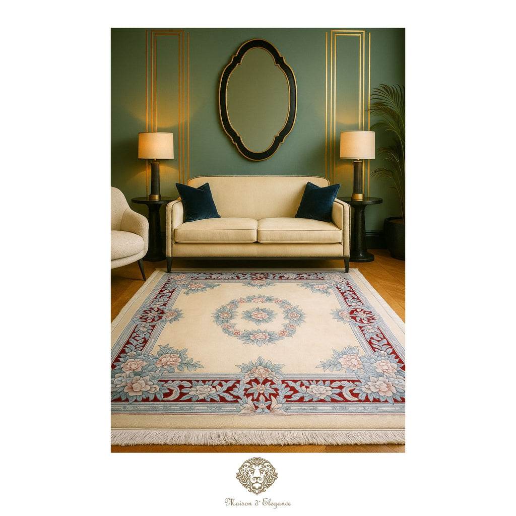 Living room with a decorative rug, sofa, and wall mirror.