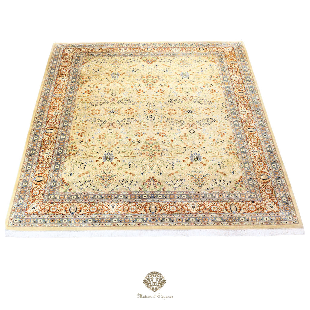 Alfombra de lana estilo Tabriz, superfina color verde marfil con diseño floral | Elegancia 250x317 cm