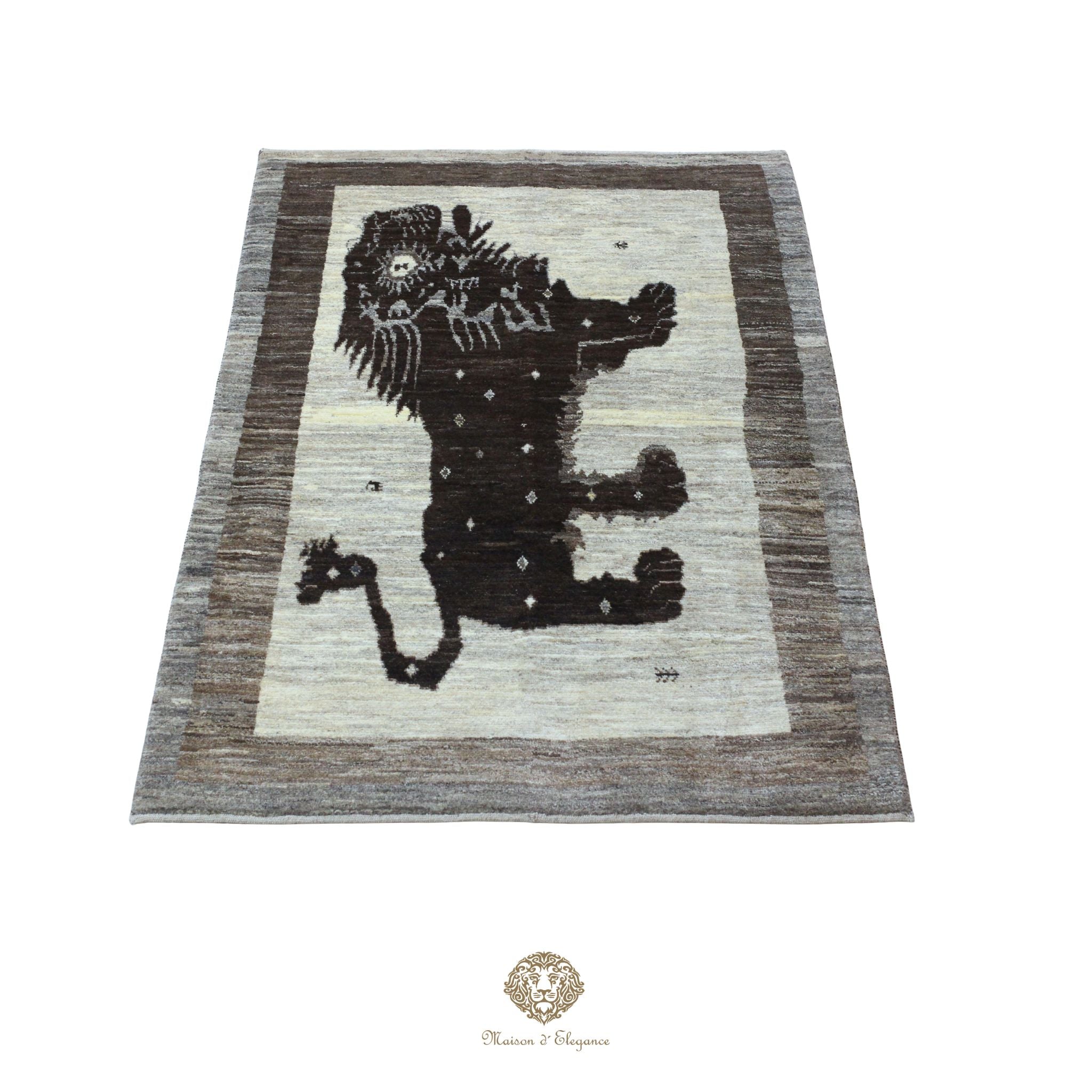 Alfombra persa Yalameh con diseño tribal de león, teñida con tintes naturales | Hecha a mano, 123 x 180 cm