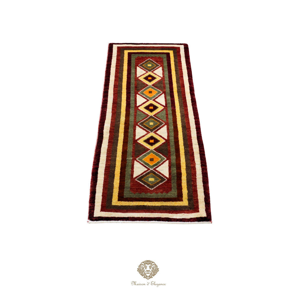Alfombra persa Kashkuli Loribaft teñida con tintes naturales | Gabbeh de lana hecha a mano 51 x 143 cm