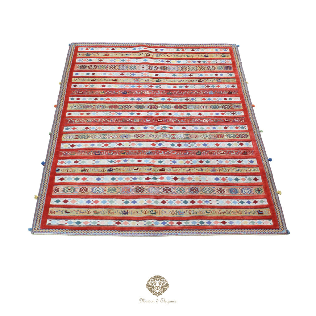 Kilim y alfombra persa Kashkuli de lana con tejido bitécnico | Relieve hecho a mano, color natural, 144 x 200 cm