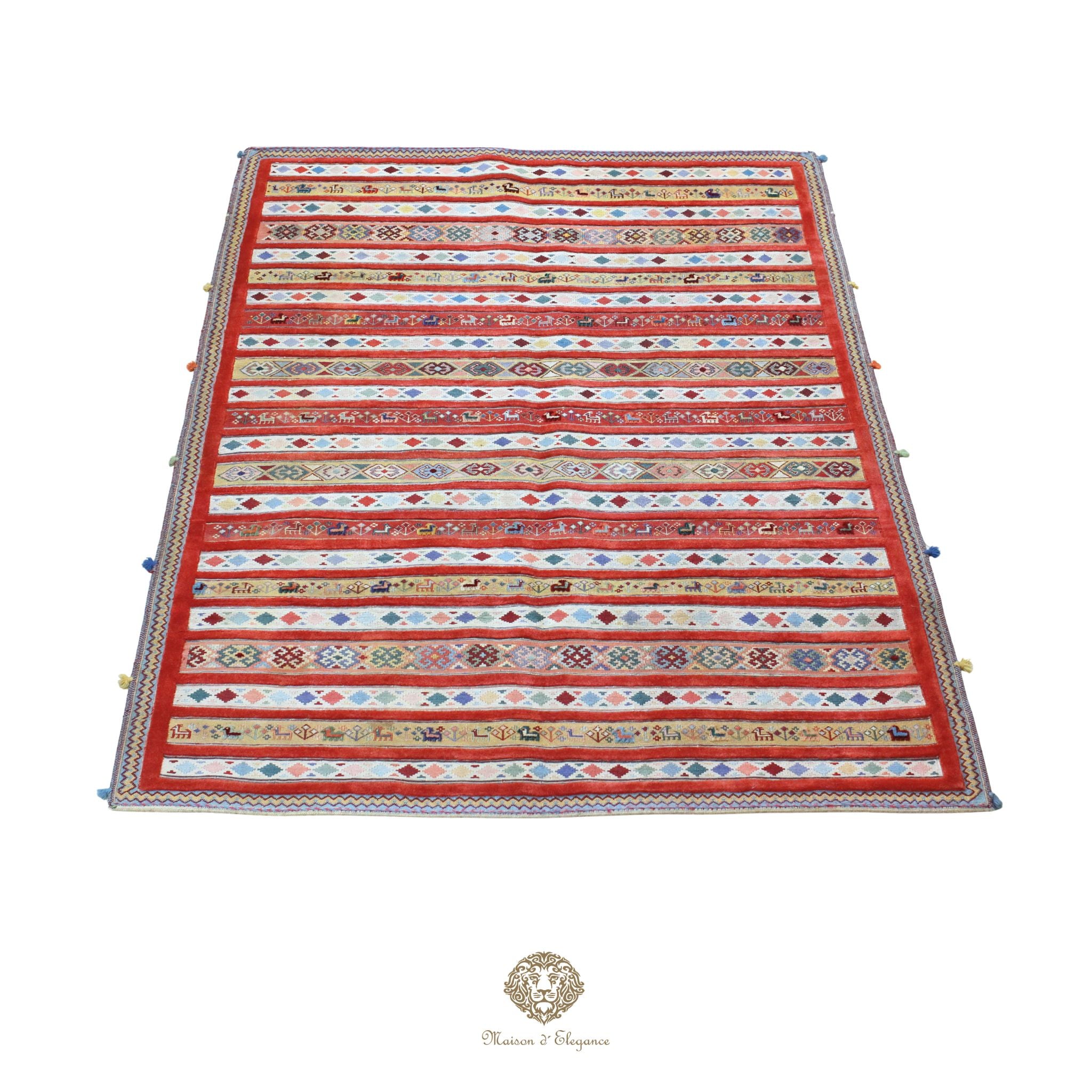 Kilim y alfombra persa Kashkuli de lana con tejido bitécnico | Relieve hecho a mano, color natural, 144 x 200 cm