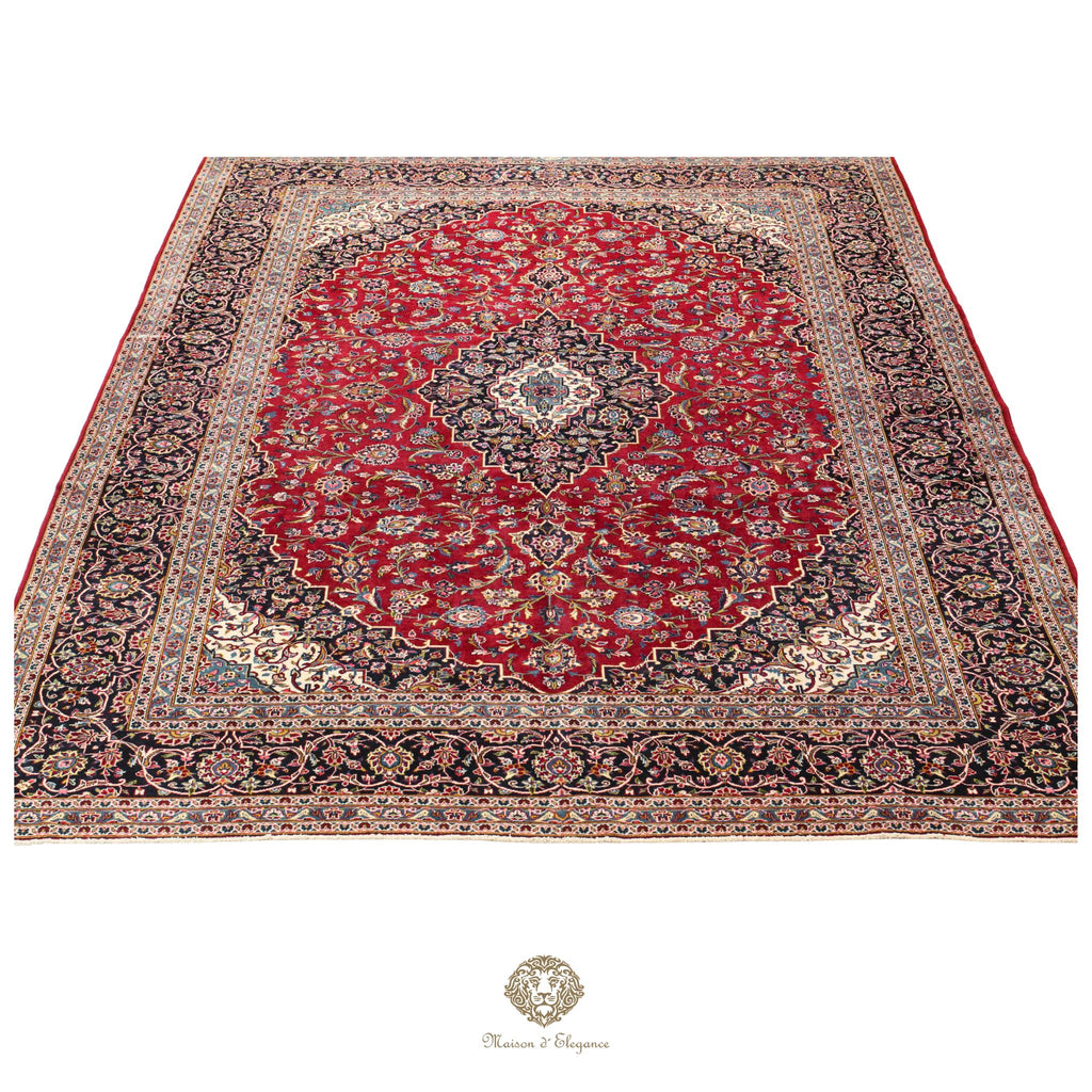 Impresionante alfombra clásica persa Kashan con diseño de medallón | Colores naturales vibrantes 300 x 395 cm