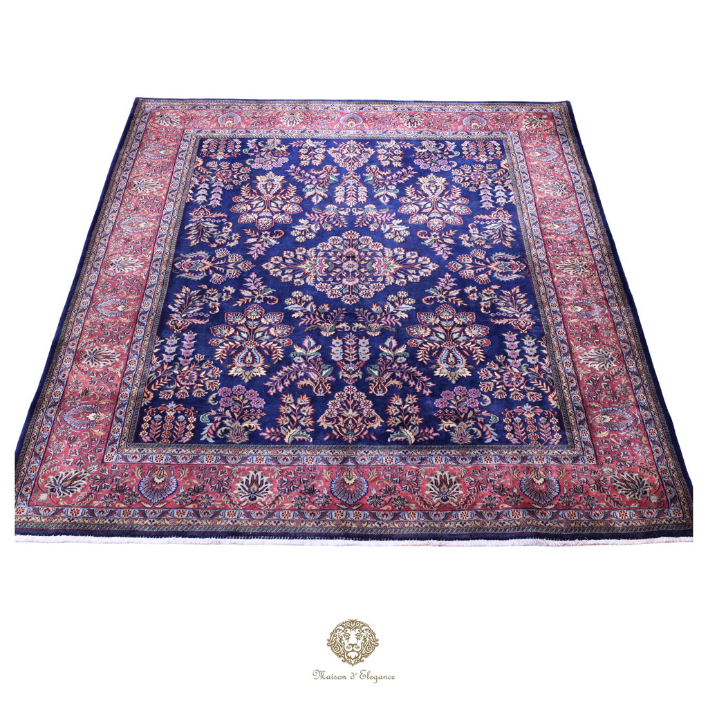 Alfombra de lana estilo KSarough de la India | Alfombra oriental con diseño floral integral en tonos azul marino 238 x 302 cm