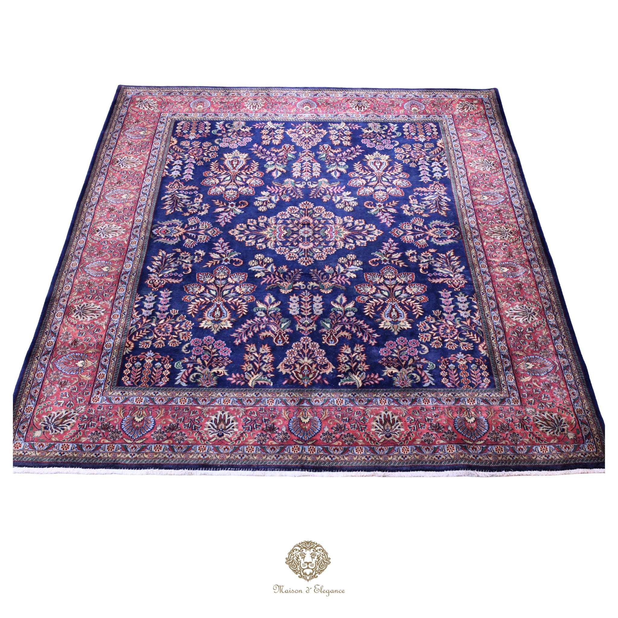 Alfombra de lana estilo KSarough de la India | Alfombra oriental con diseño floral integral en tonos azul marino 238 x 302 cm