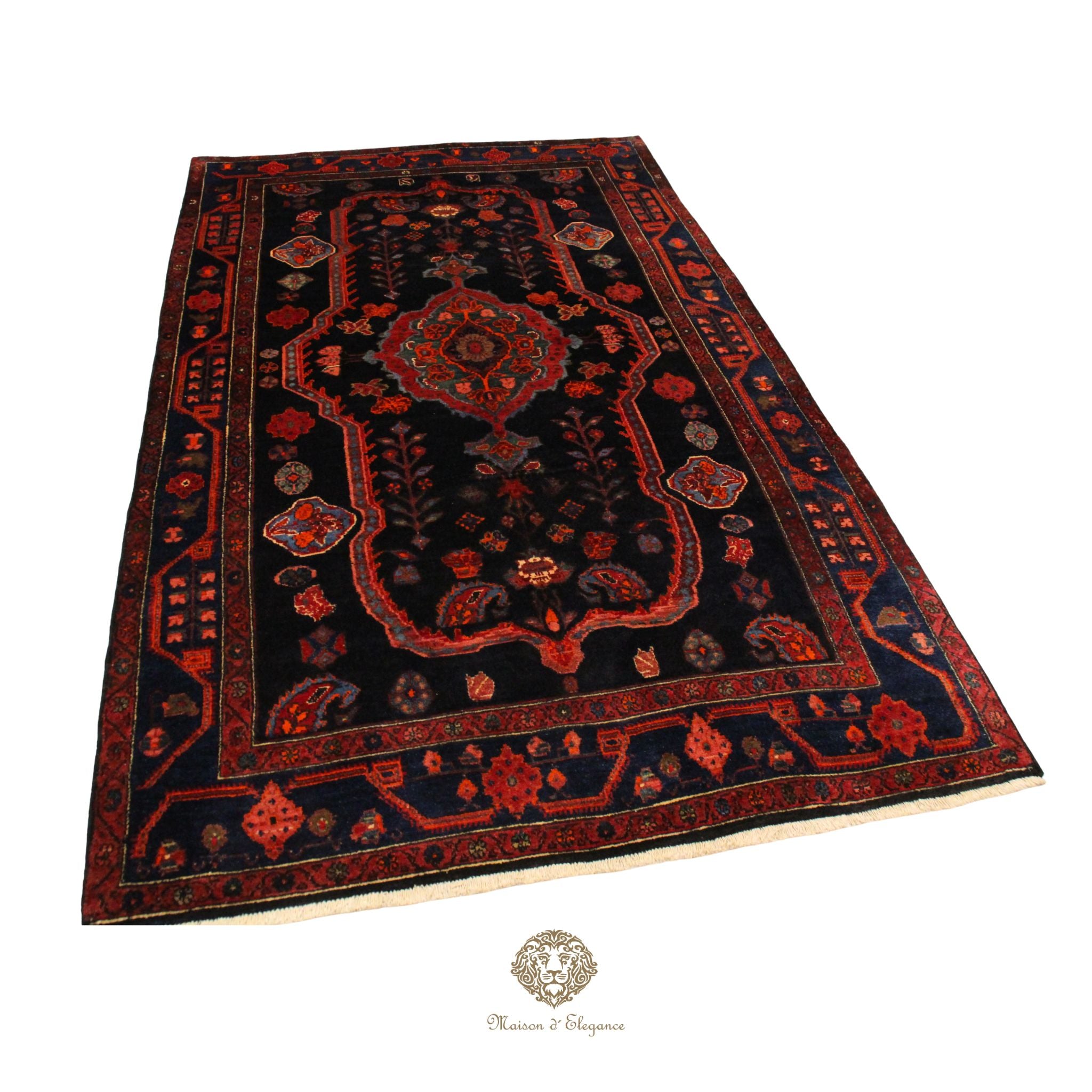 Decorative rug with intricate patterns on a navy background