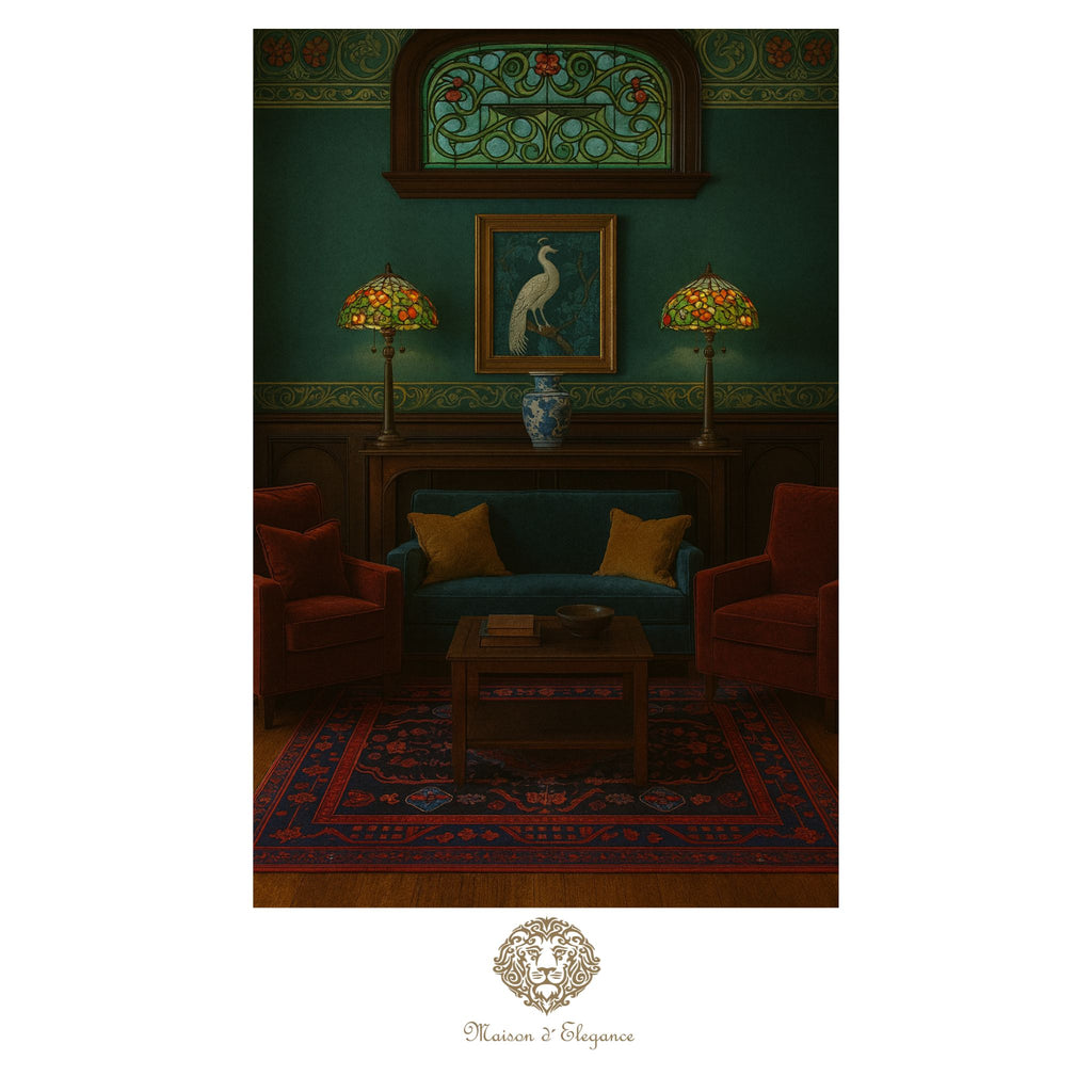 Vintage-style room with a teal sofa, red armchairs, and stained glass lamps.