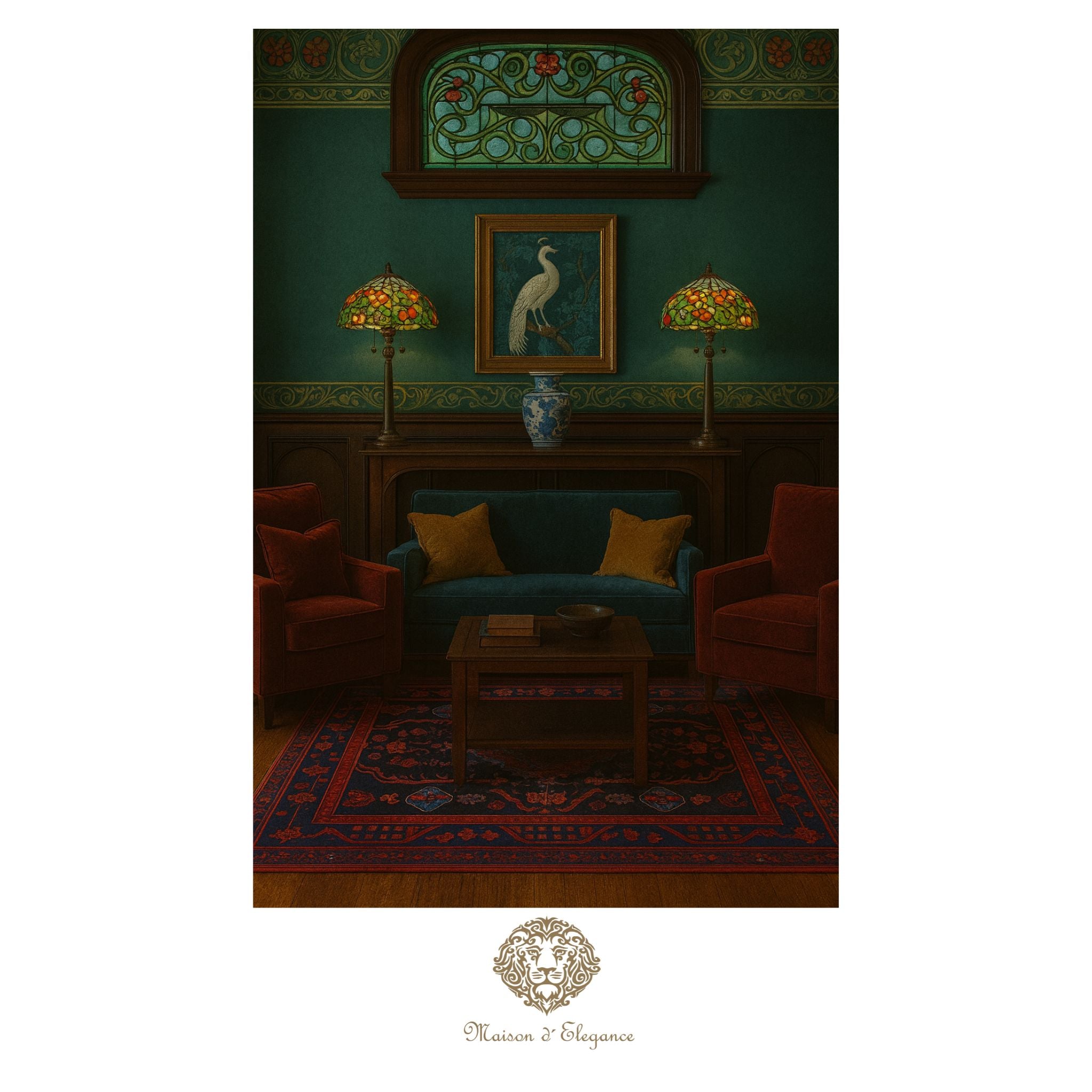 Vintage-style room with a teal sofa, red armchairs, and stained glass lamps.