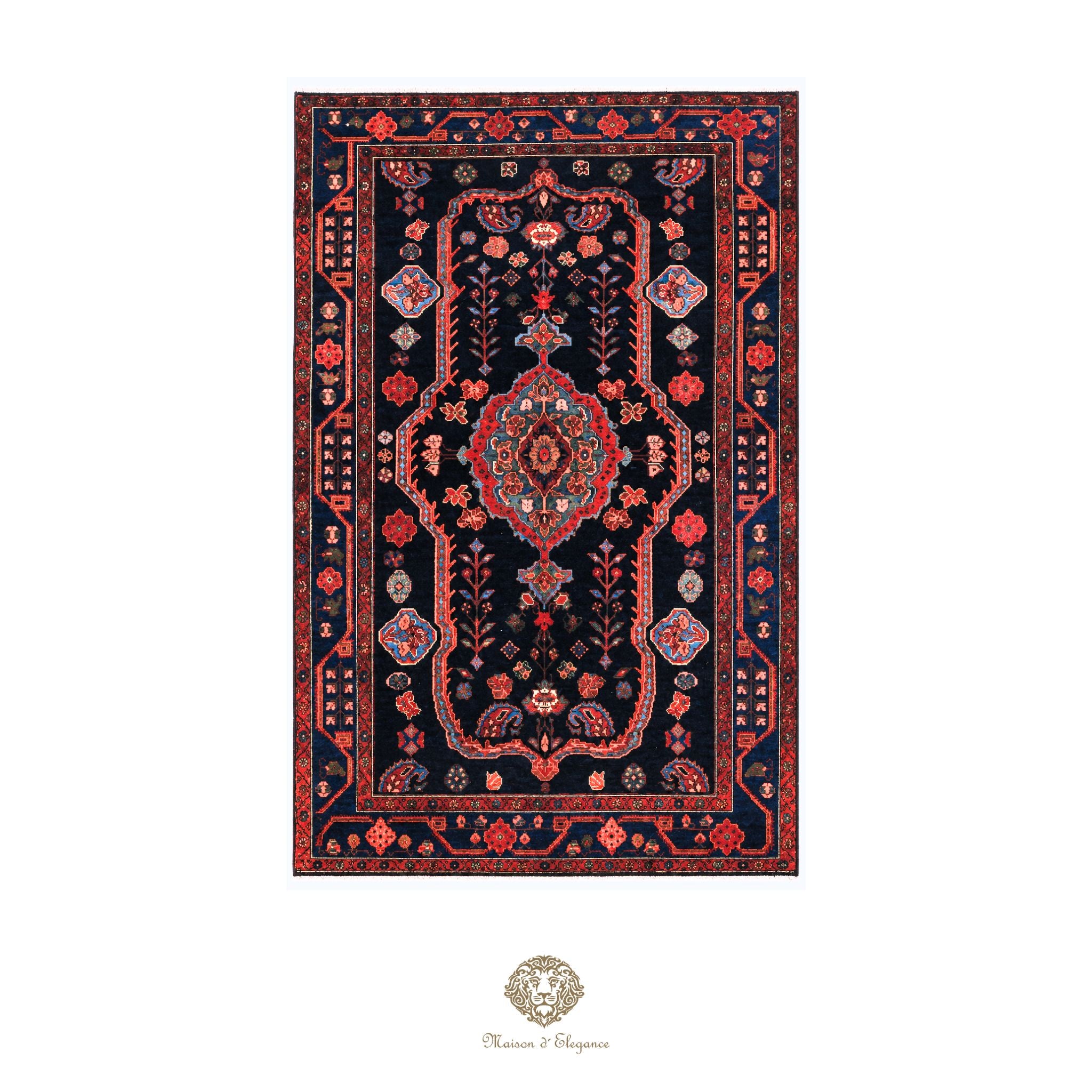 Decorative rug with intricate patterns on a black background