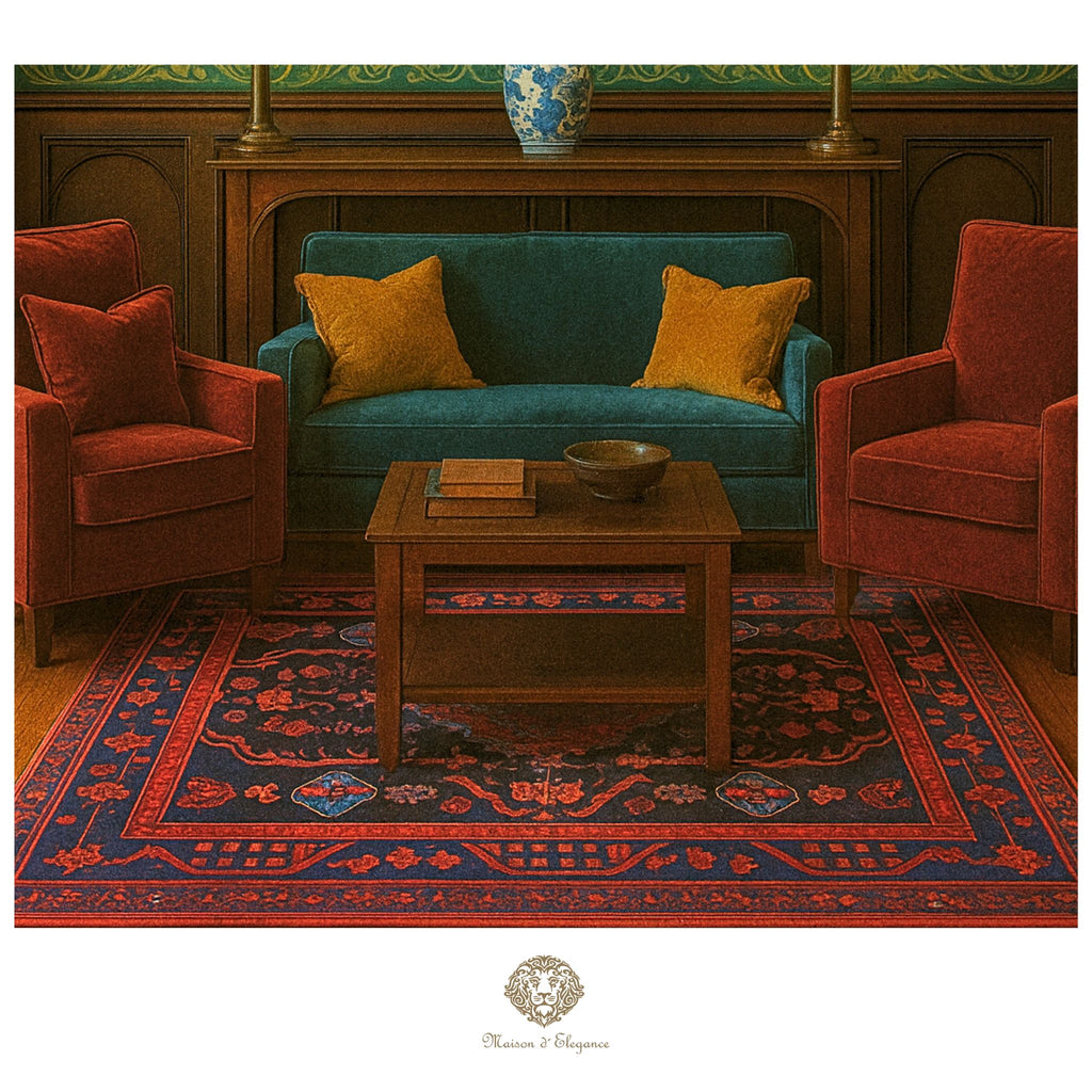 Living room with red armchairs, blue sofa, and wooden coffee table on a patterned rug.