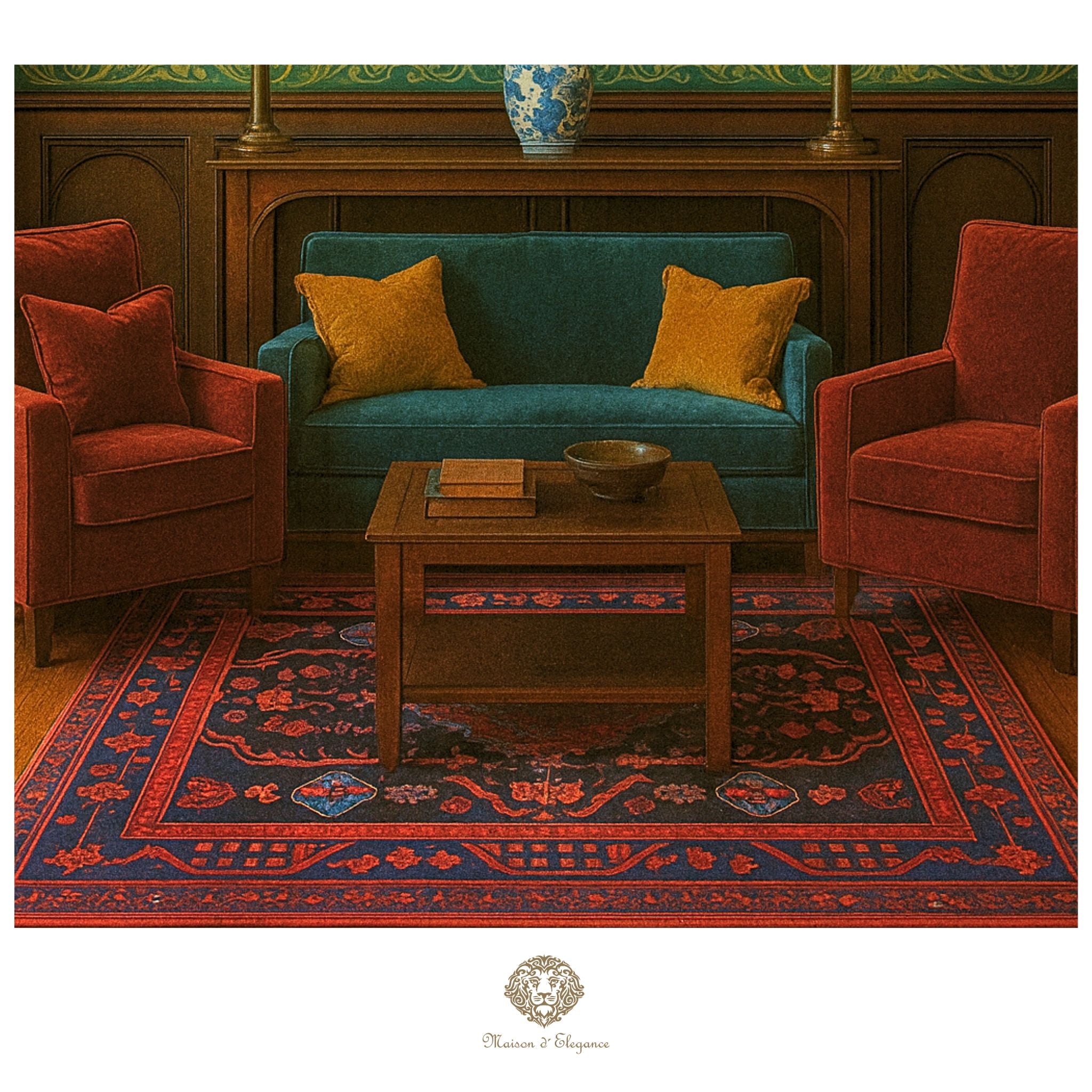 Living room with red armchairs, blue sofa, and wooden coffee table on a patterned rug.
