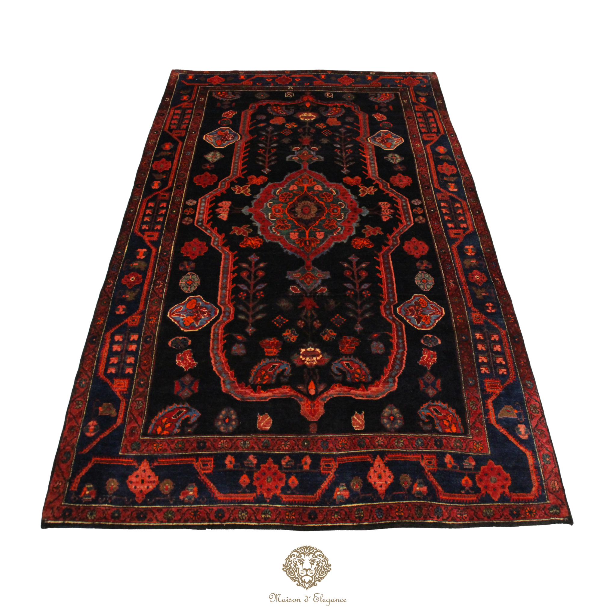 Decorative rug with intricate patterns on a navy background