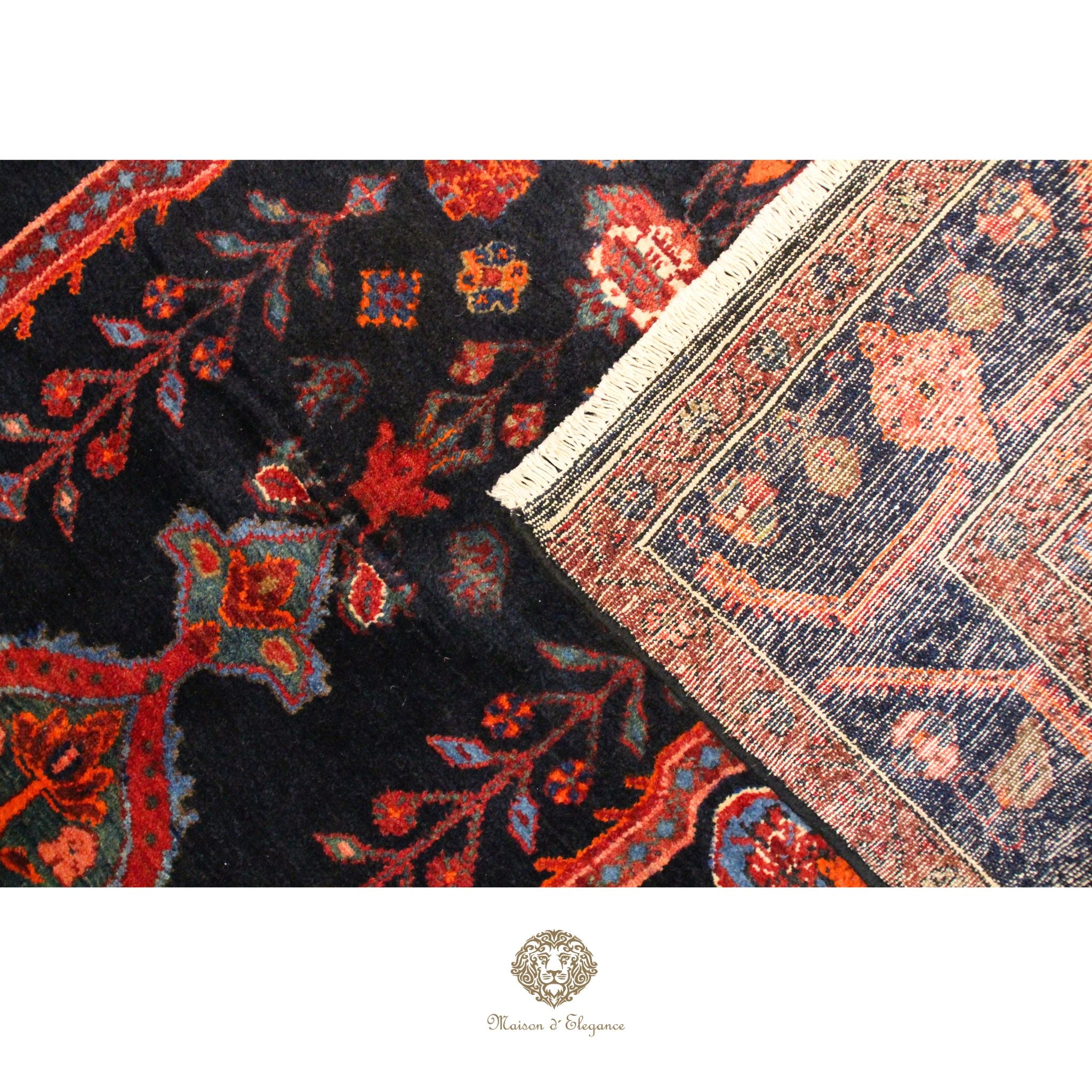 Close-up of two patterned rugs with intricate designs on a navy background.