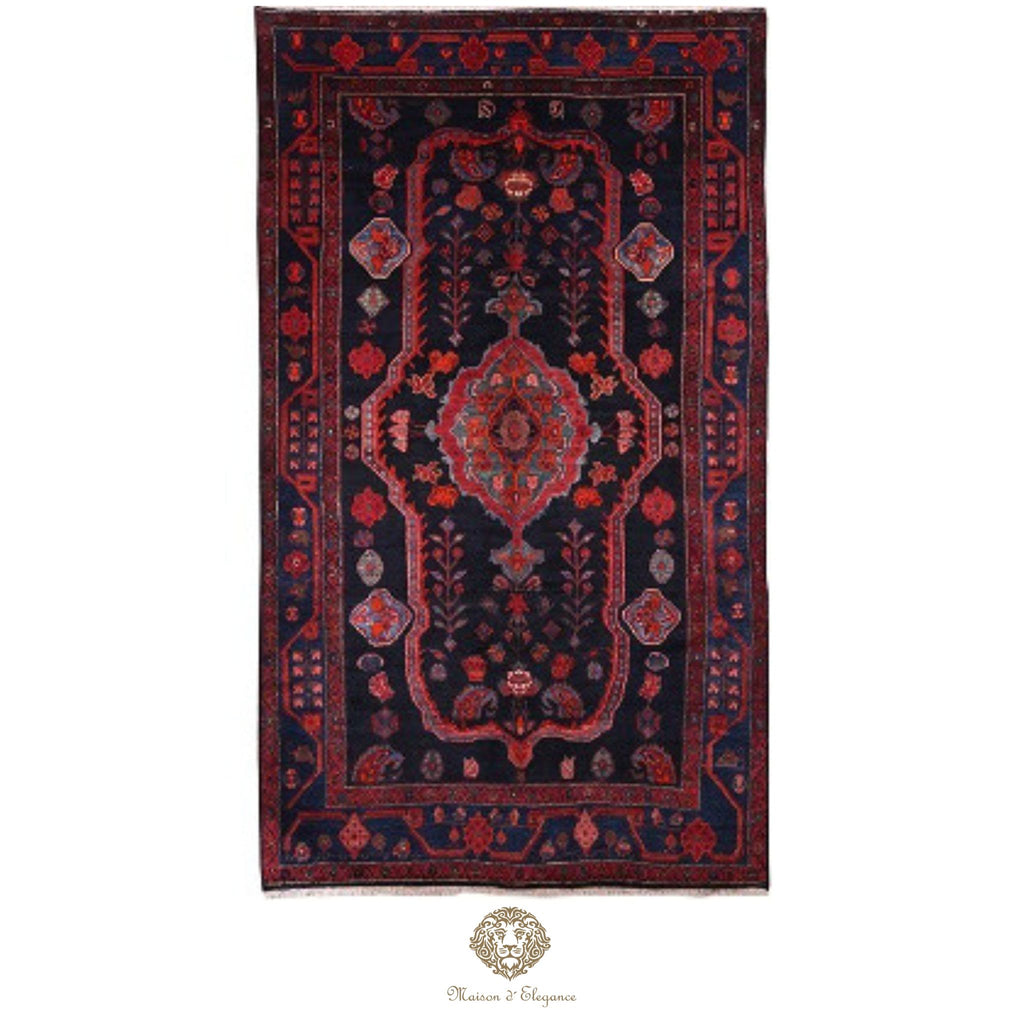 Decorative rug with intricate patterns on a navy background
