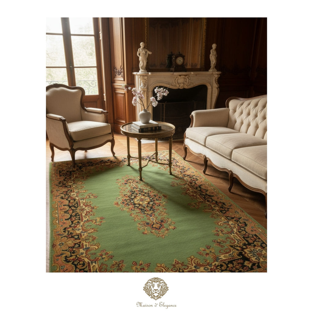 Luxury Handmade Persian Kerman Wool Rug – Green Floral Medallion Design