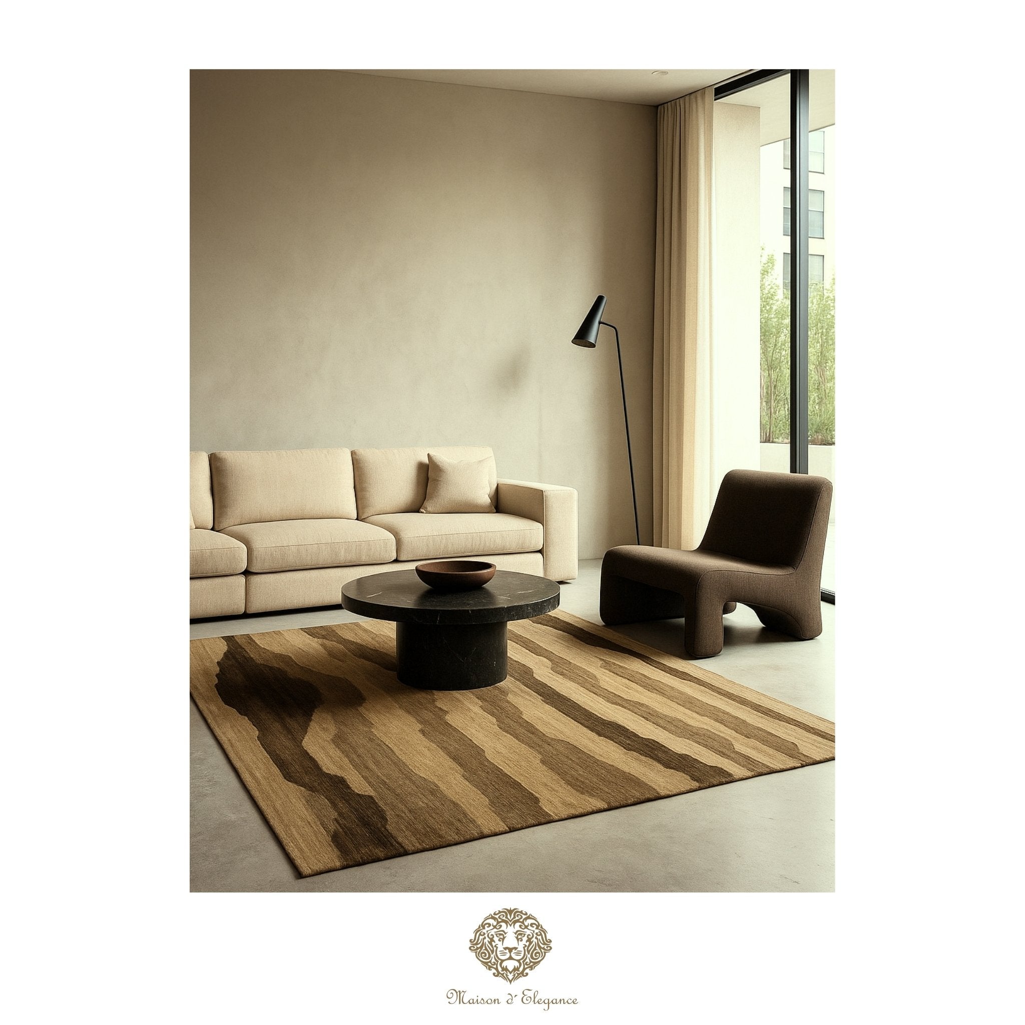 Modern living room with beige sofa, brown armchair, and coffee table on a striped rug.