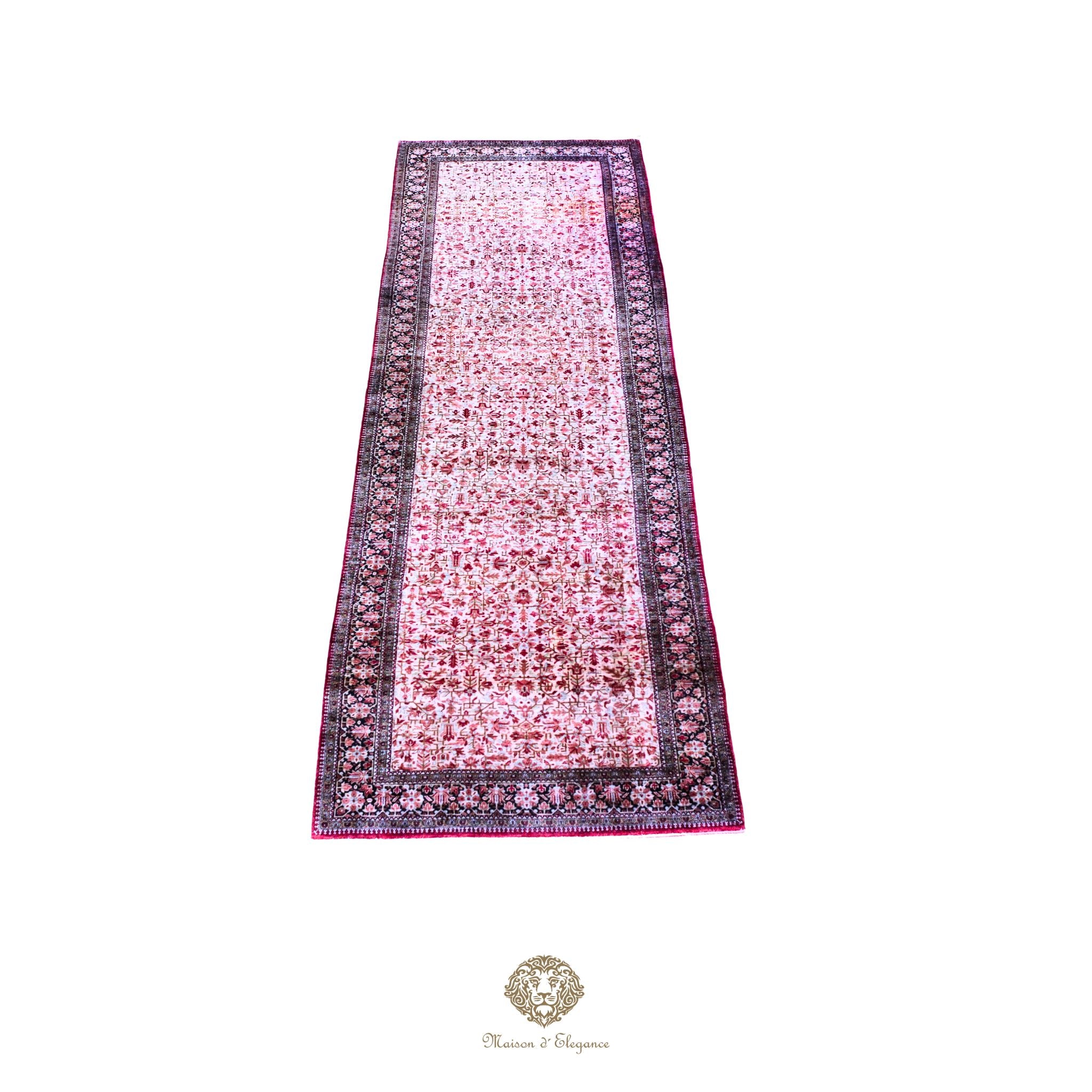 Alfombra persa tipo pasillo de seda pura superfina, anudada a mano, tintes naturales, | obra maestra, firmada, 89 x 350 cm
