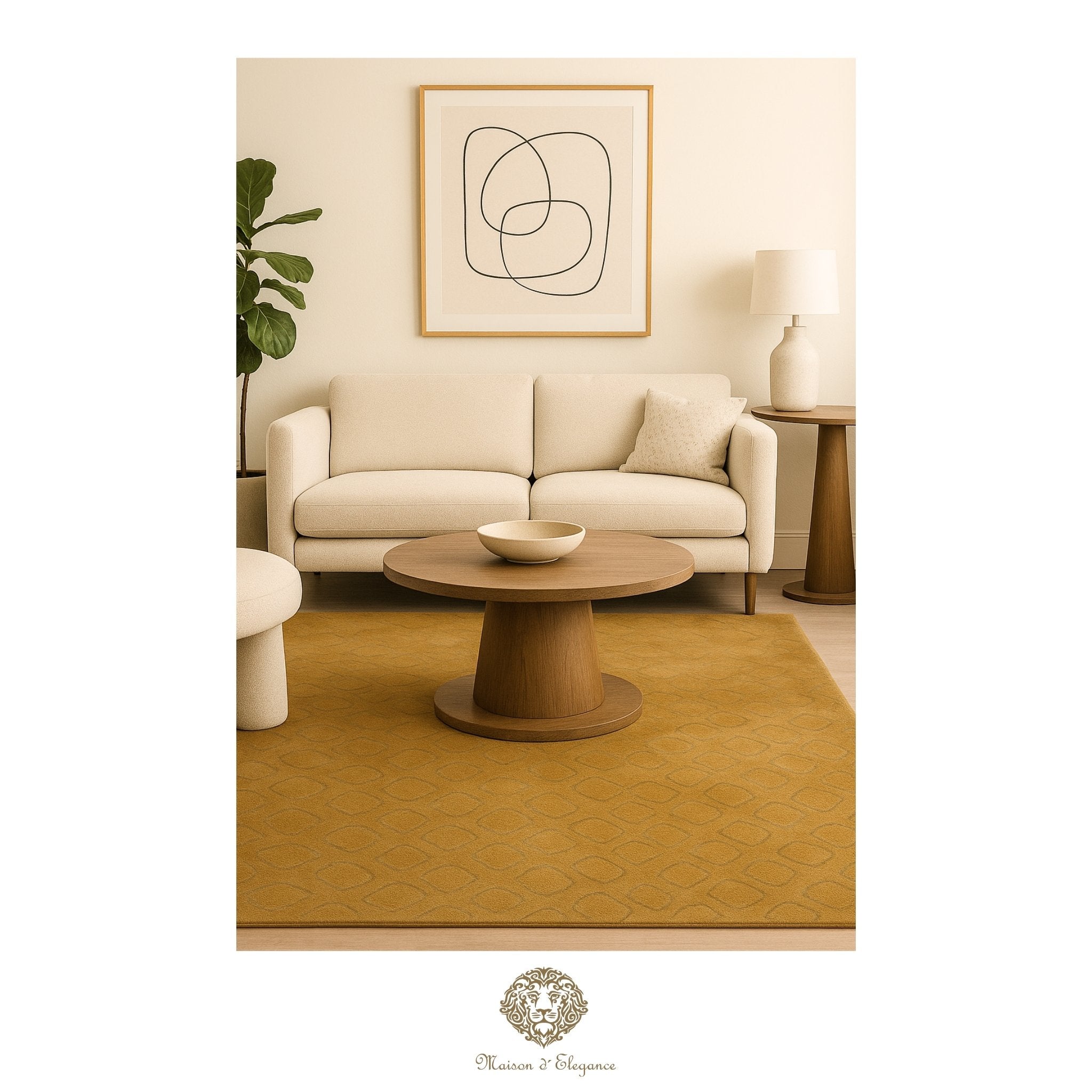 Modern living room with beige sofa, wooden coffee table, and abstract art on the wall.