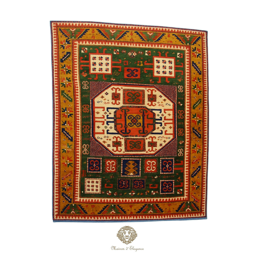 Decorative rug with geometric pattern on a Green background