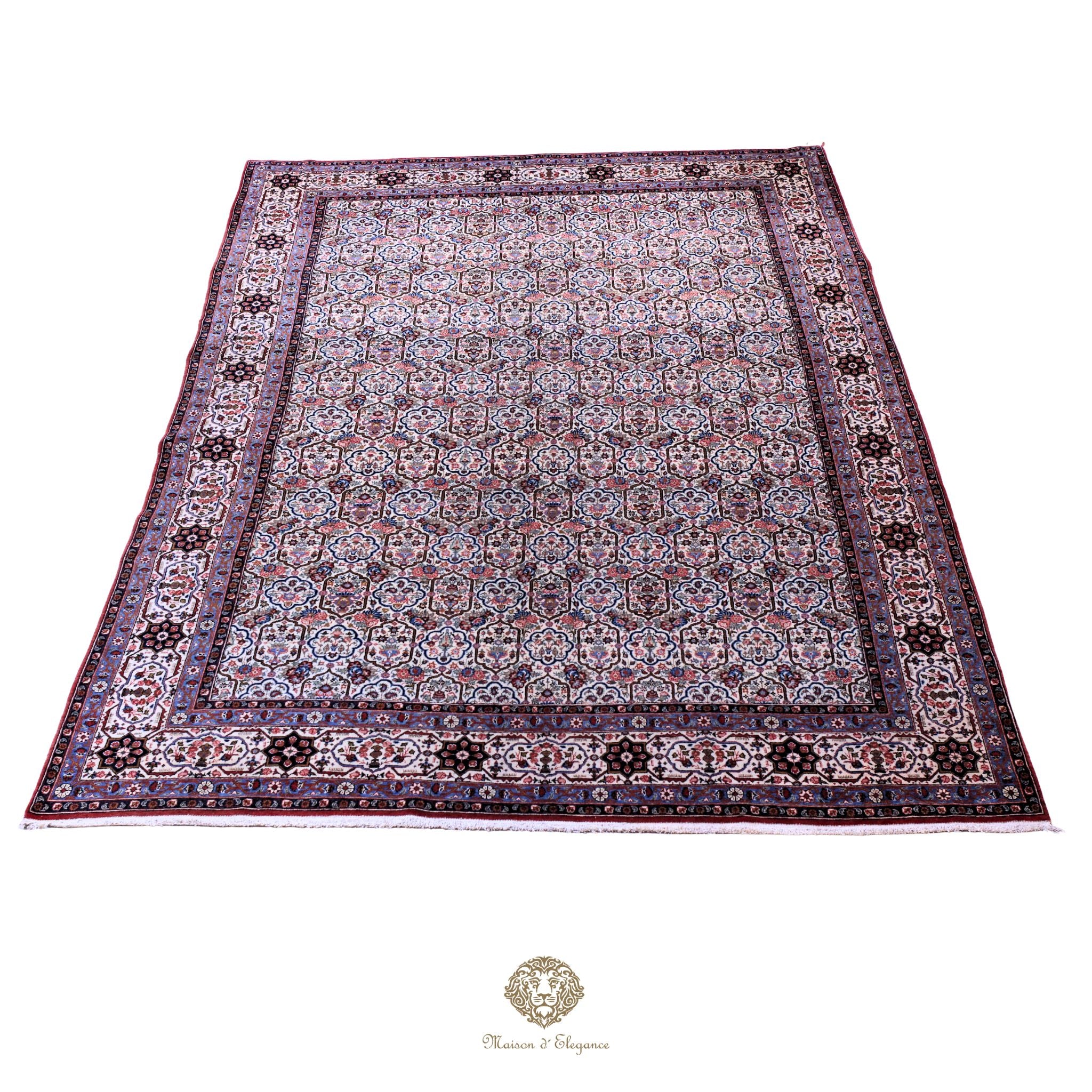 Alfombra persa antigua de lana Qum | Diseño floral integral 218 x 340 cm