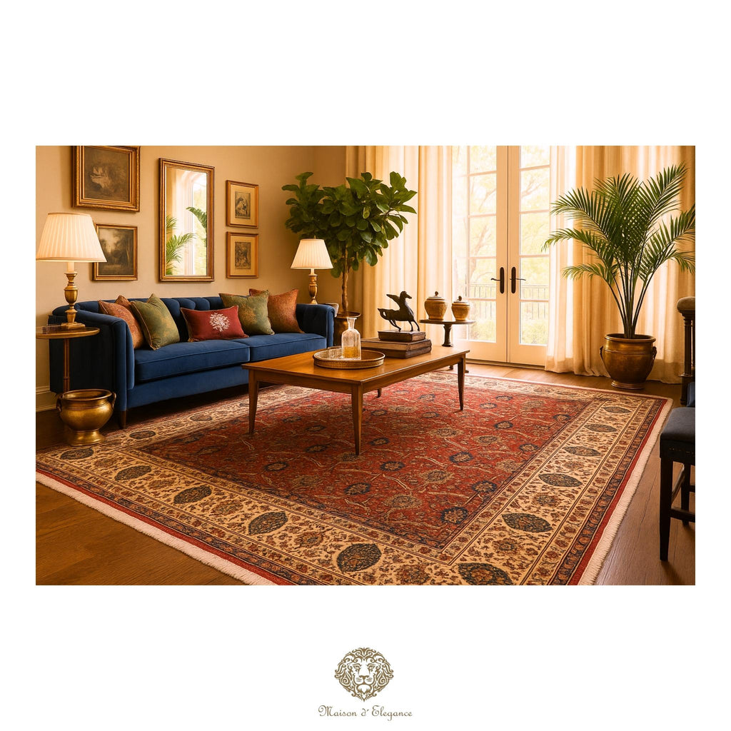 Luxury Handmade Oriental Wool Rug – Traditional Floral Allover Design in Burgundy background