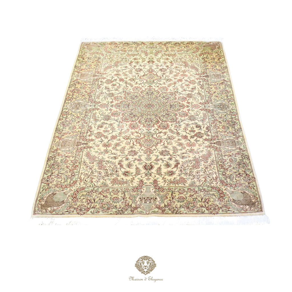 Alfombra persa exclusiva de seda pura, anudada a mano, teñida de forma natural, obra maestra de alta gama, firmada, 99 x 158 cm