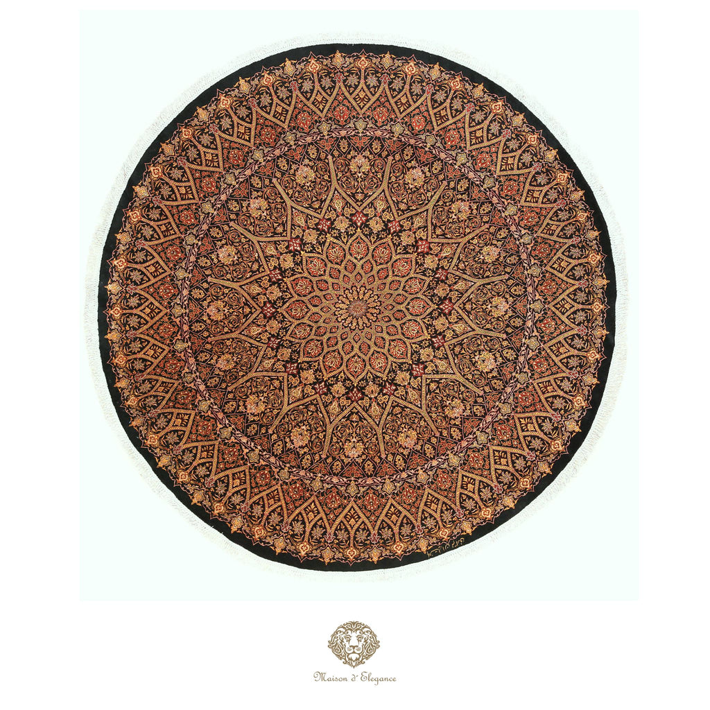 Alfombra persa redonda Qom superfina exclusiva, de seda pura, anudada a mano, teñida con tintes naturales, obra maestra de alta gama, firmada, 209 x 210 cm de diámetro.