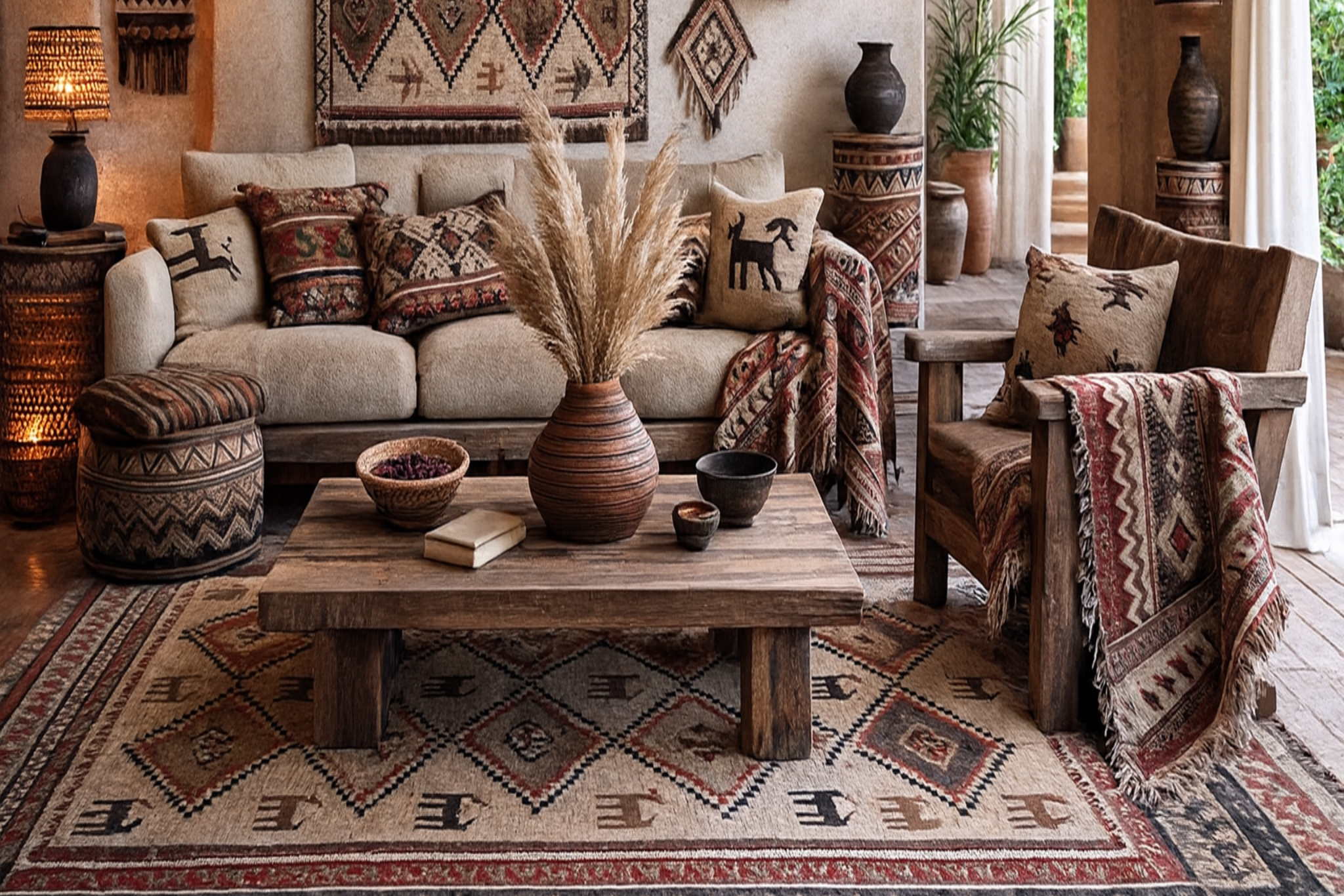 Cozy living room with rustic decor, including a sofa, coffee table, and decorative items.
