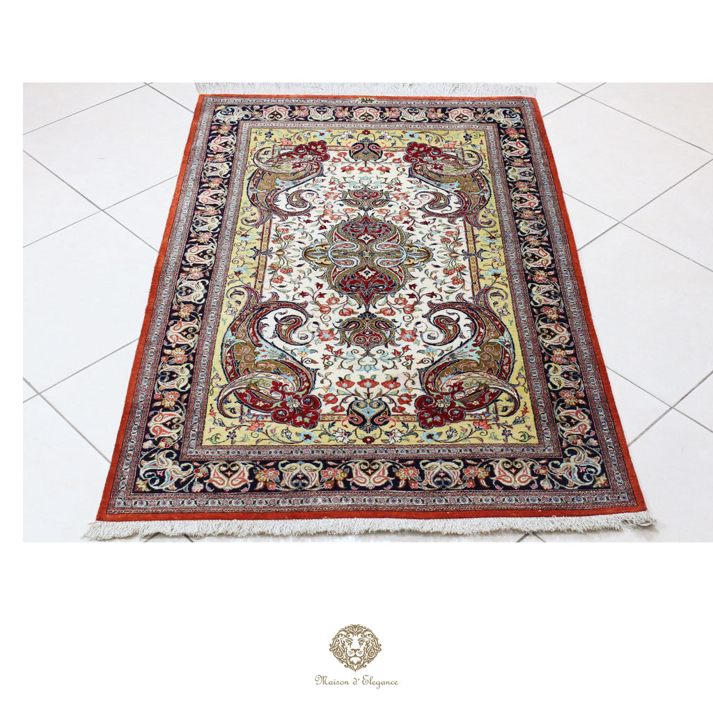 Alfombra persa exclusiva de seda pura, anudada a mano, teñida de forma natural, obra maestra de alta gama, firmada, 98 x 153 cm