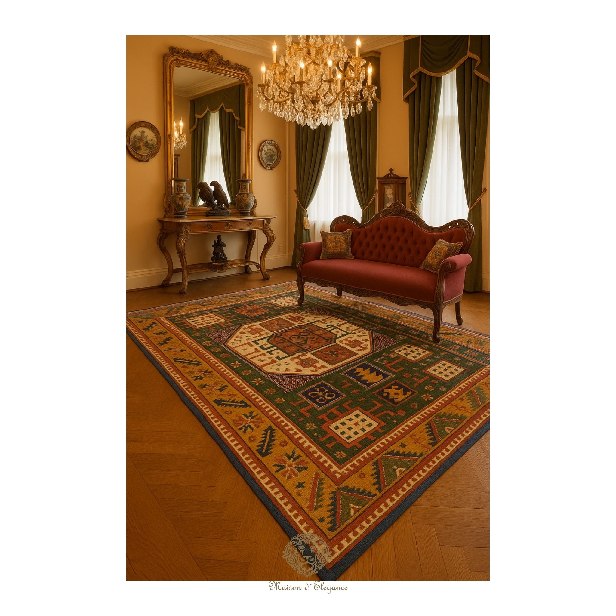 Decorative rug with geometric pattern in a room with a red sofa, mirror, and chandelier.