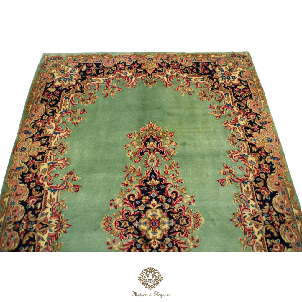 Luxury Handmade Persian Kerman Wool Rug – Green Floral Medallion Design