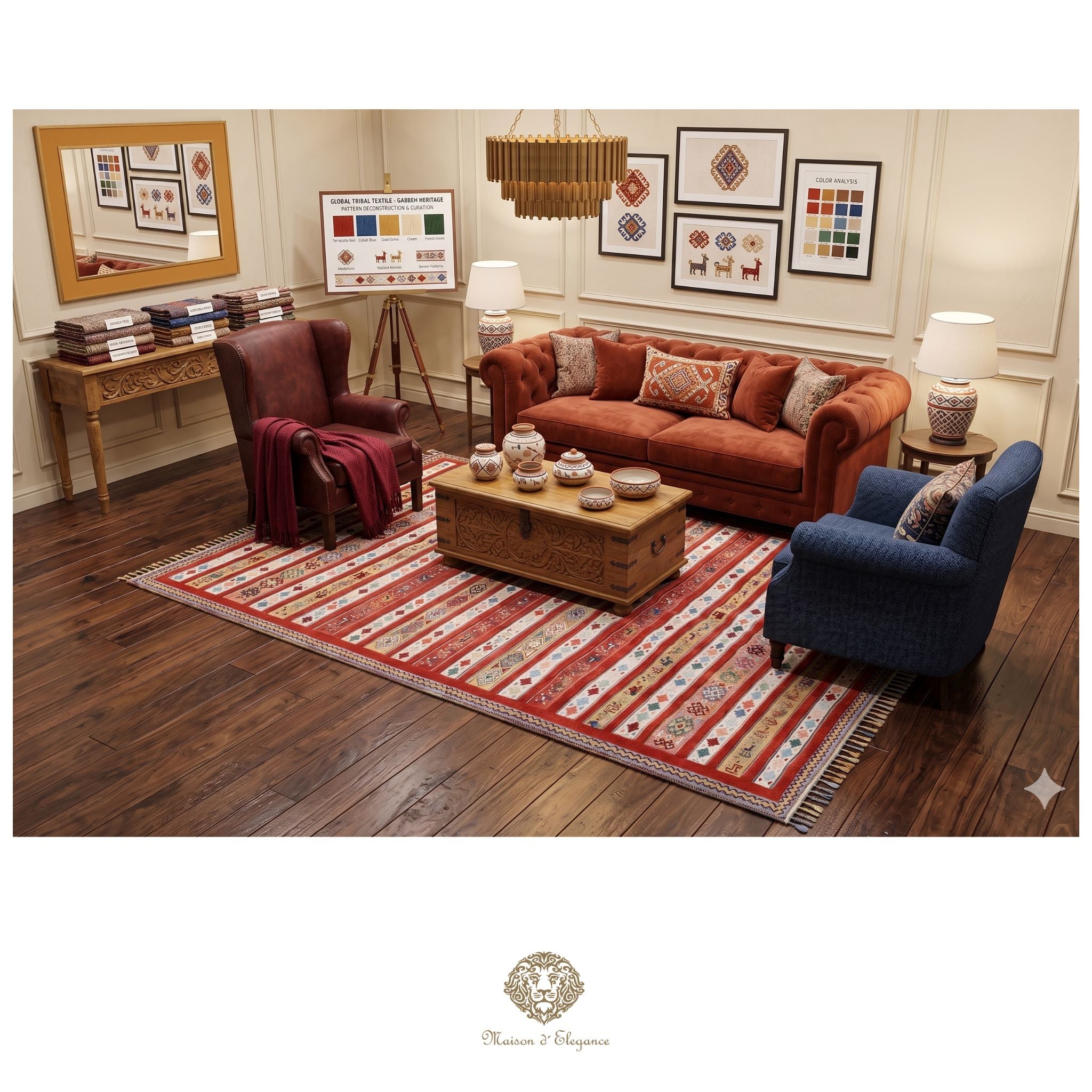 Living room with red sofa, blue armchair, and wooden coffee table on a patterned rug.