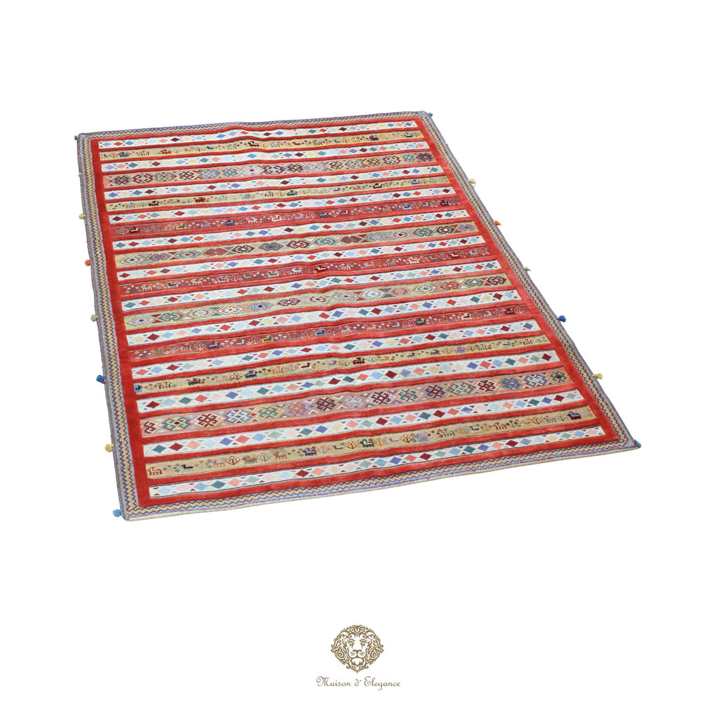 Decorative rug with a geometric pattern on a colorful background