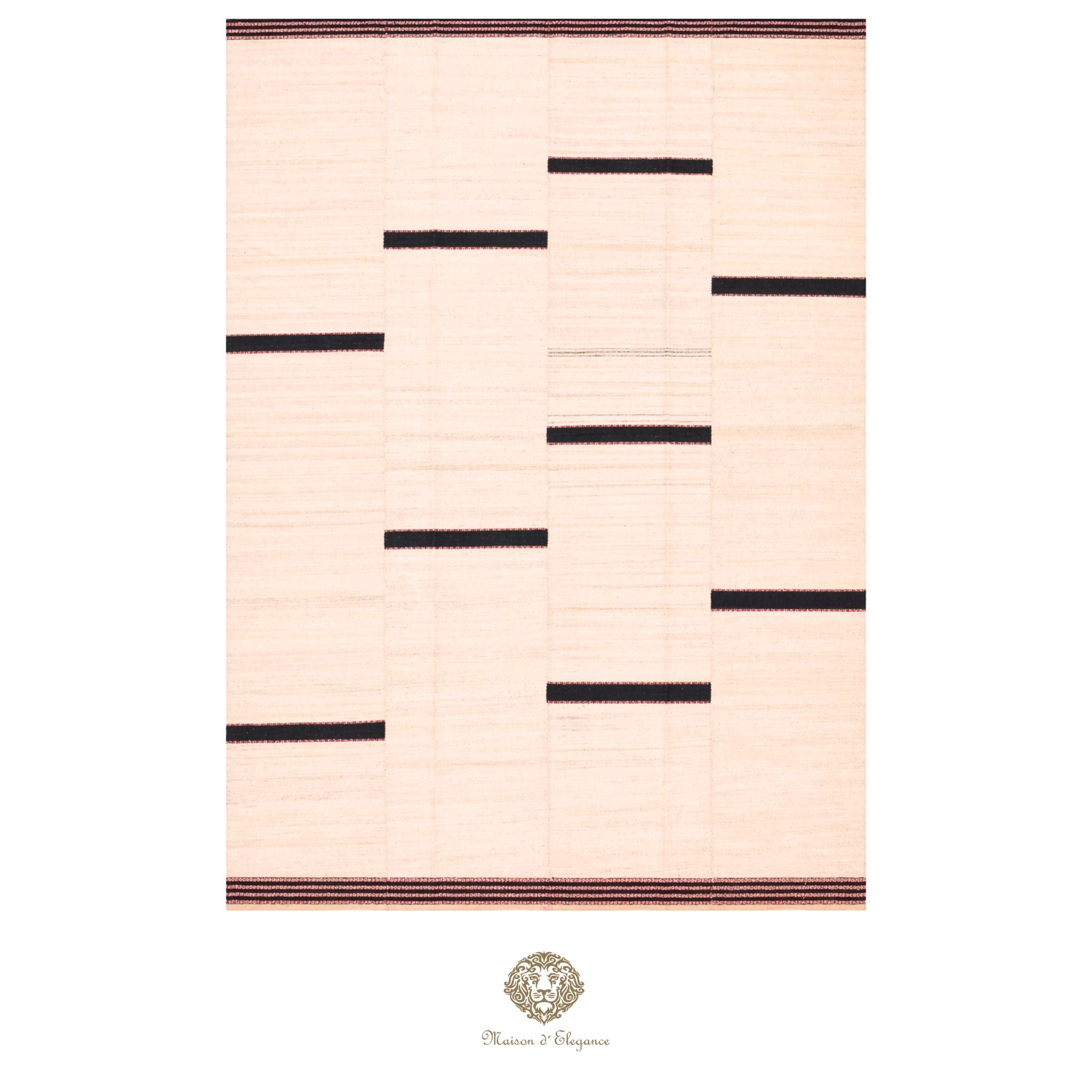 Beige rug with black geometric patterns on a white background