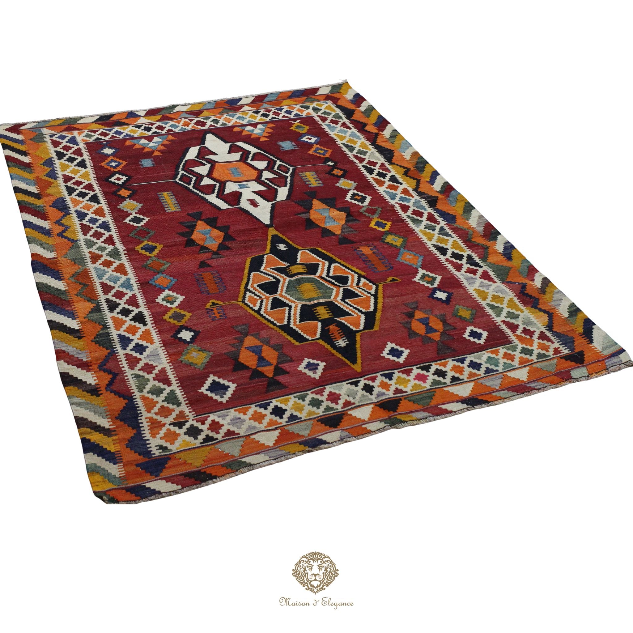 Alfombra Kilim Persa Qashqai Antigua Lana Natural Diseño Geométrico 159x225 cm