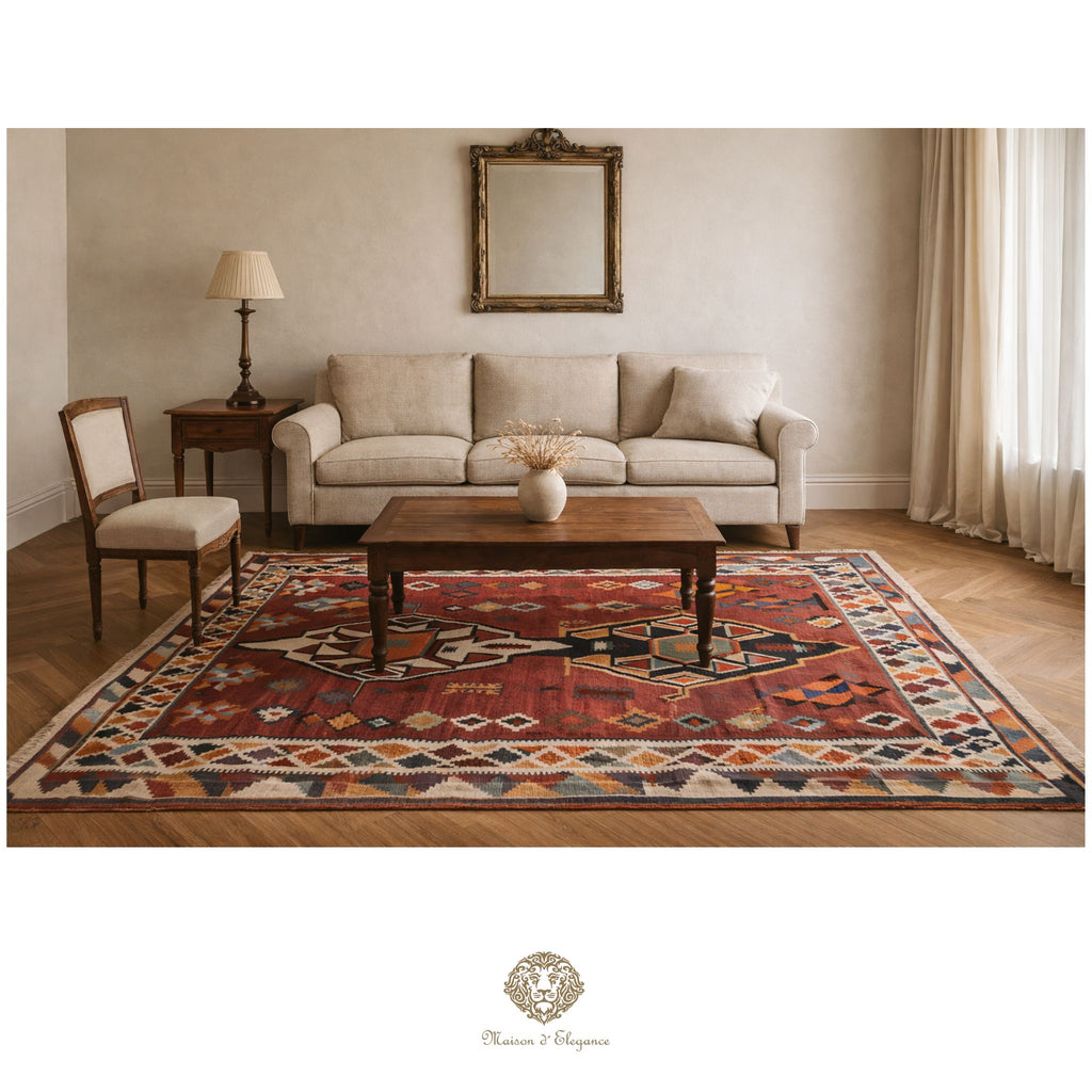 Living room with a beige sofa, wooden coffee table, and patterned rug.