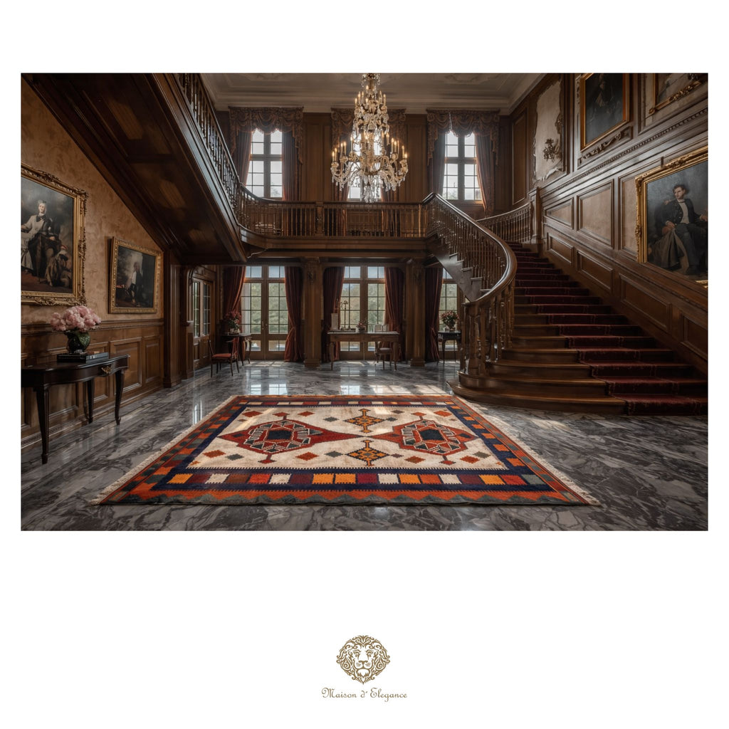 Grand staircase in an elegant interior setting with a chandelier and portraits on the walls.