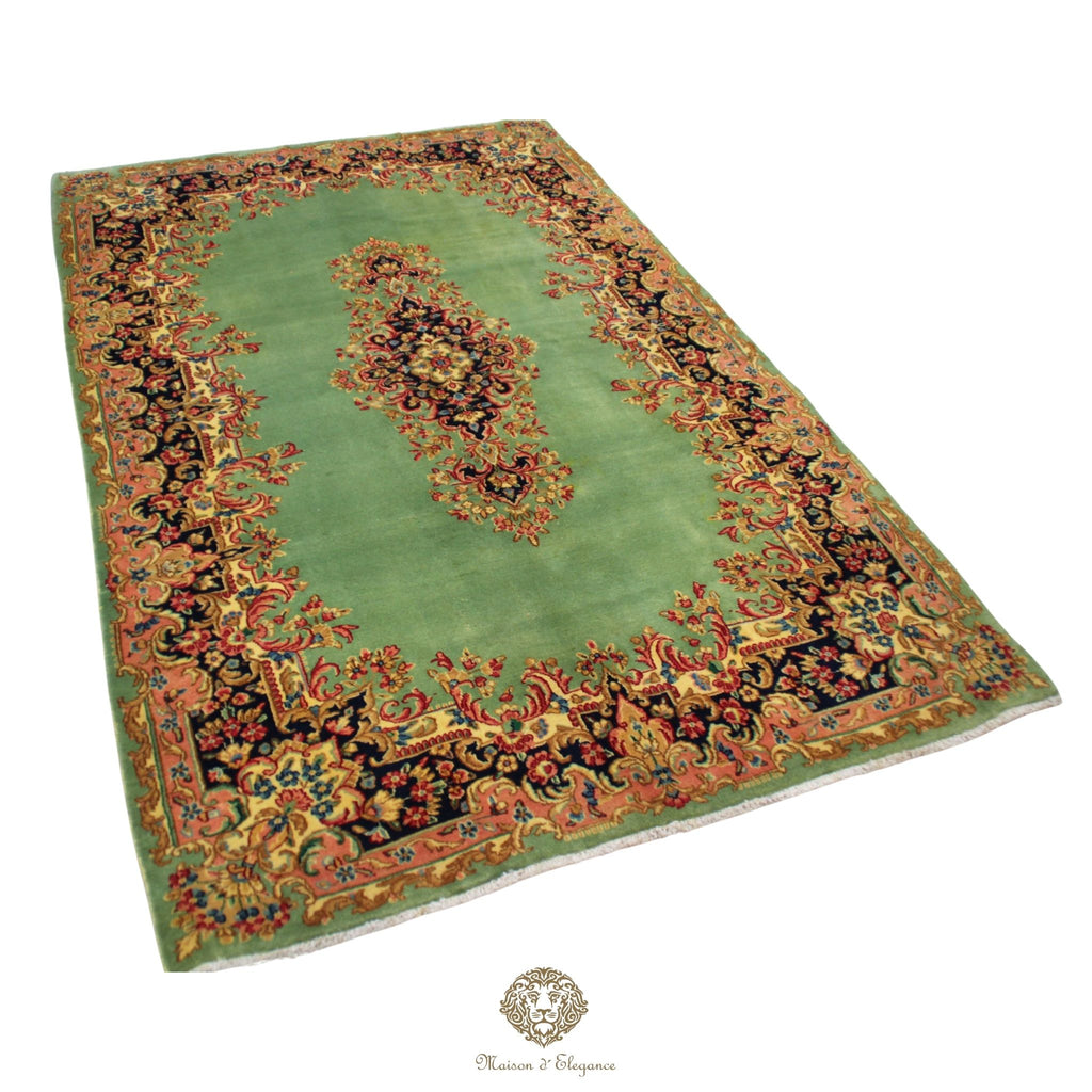 Luxury Handmade Persian Kerman Wool Rug – Green Floral Medallion Design