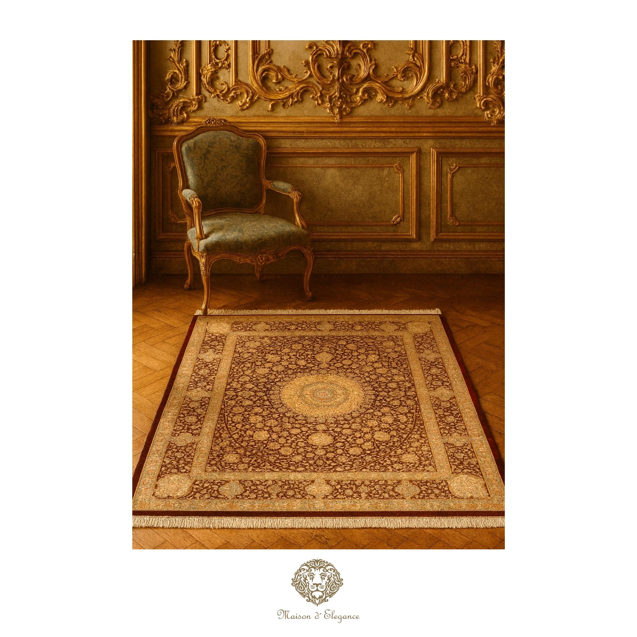 Decorative rug with intricate patterns in a room with ornate wall paneling and a chair.