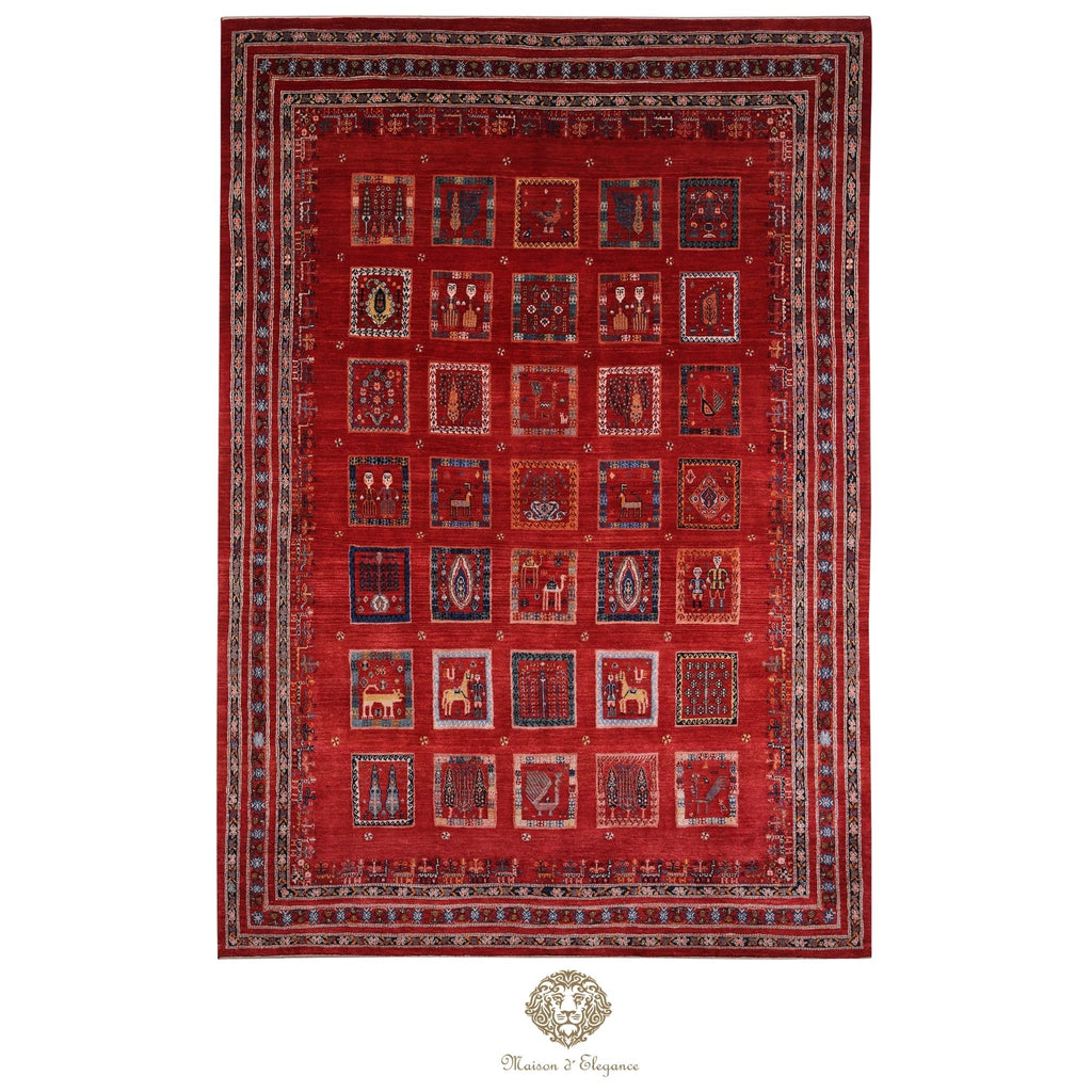 Red patterned rug with intricate designs on a red background
