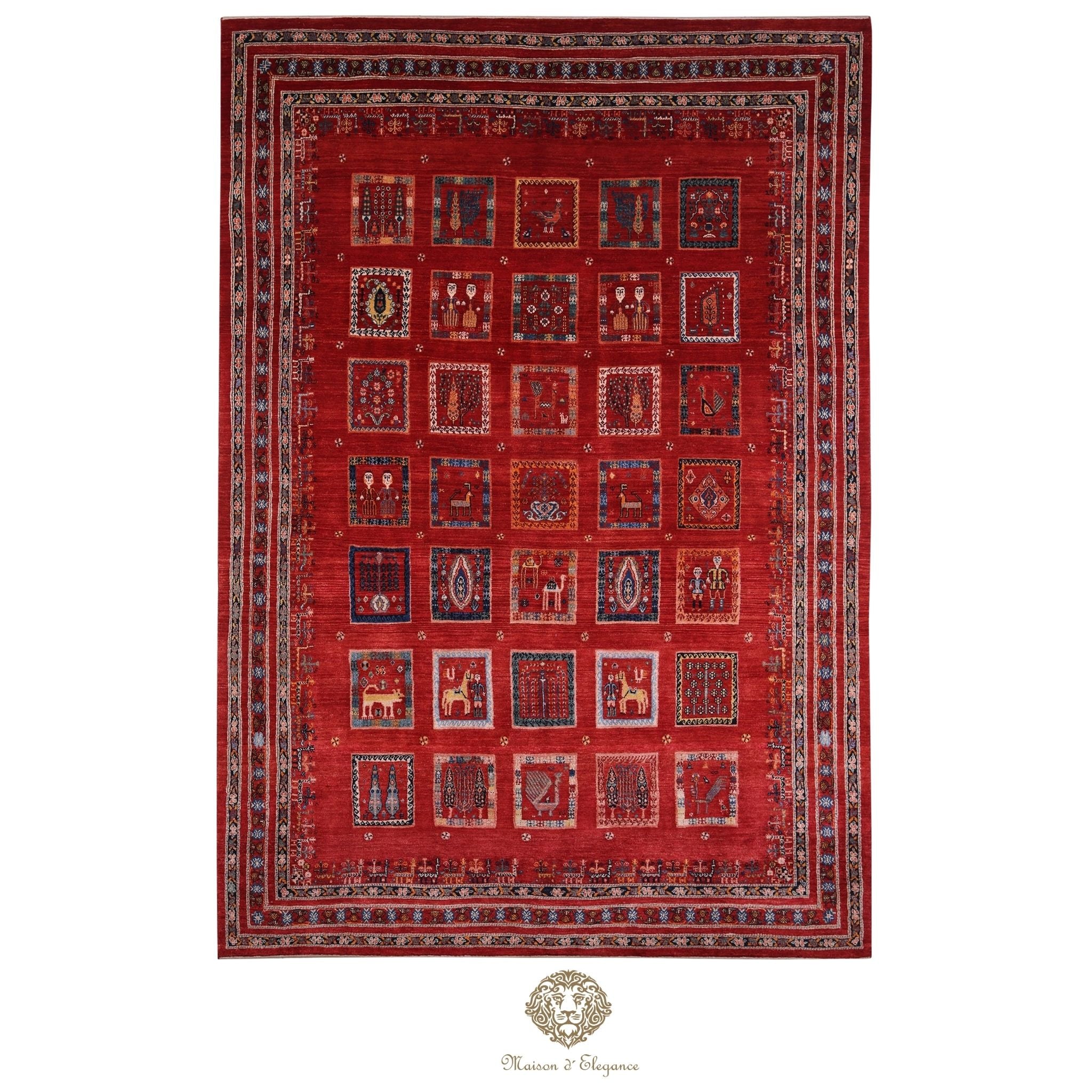 Red patterned rug with intricate designs on a red background